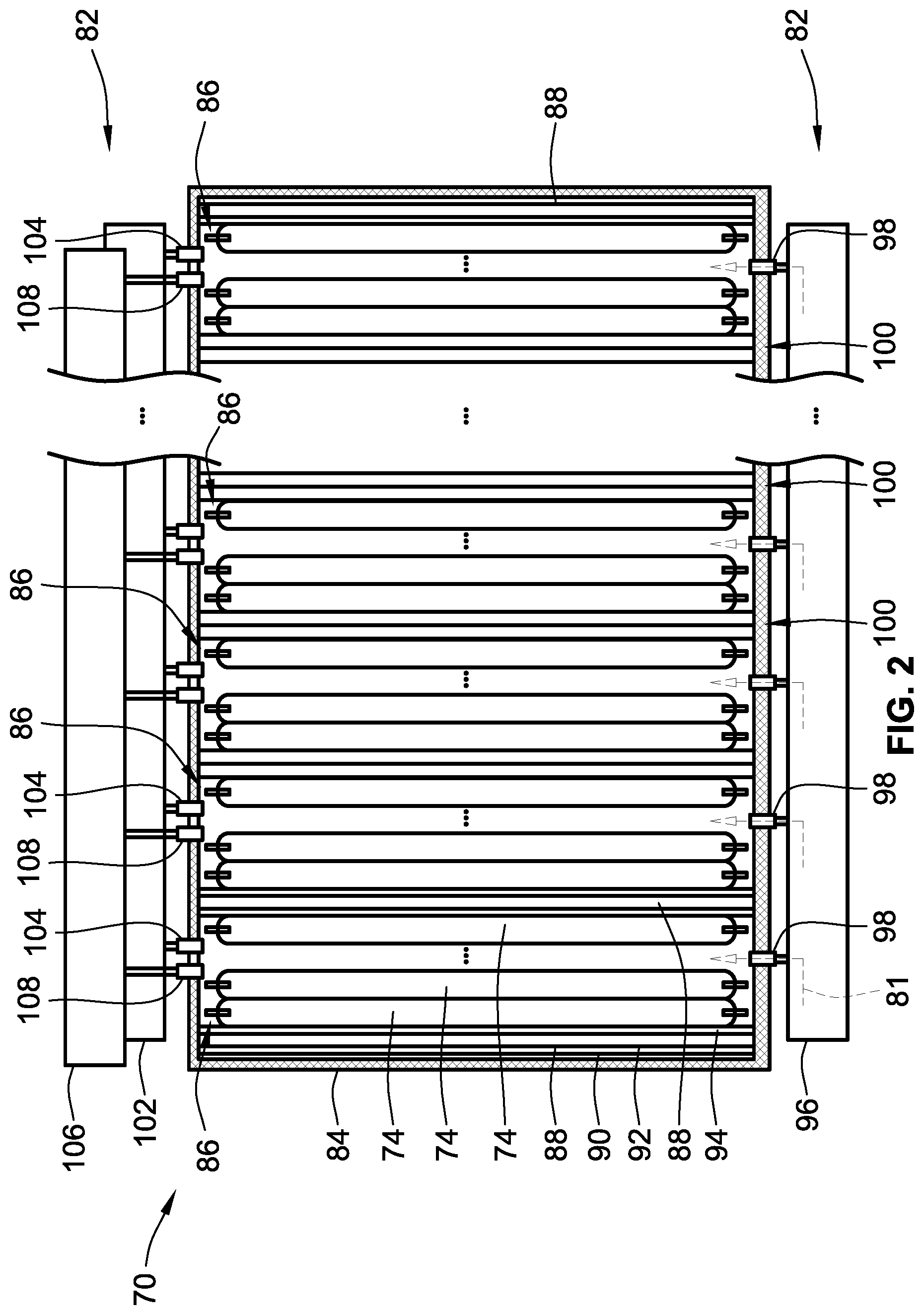 Patent US12322779 Figure 2 – Stacked separator plates with coolant flow distribution channels for liquid immersion cooling in battery assemblies