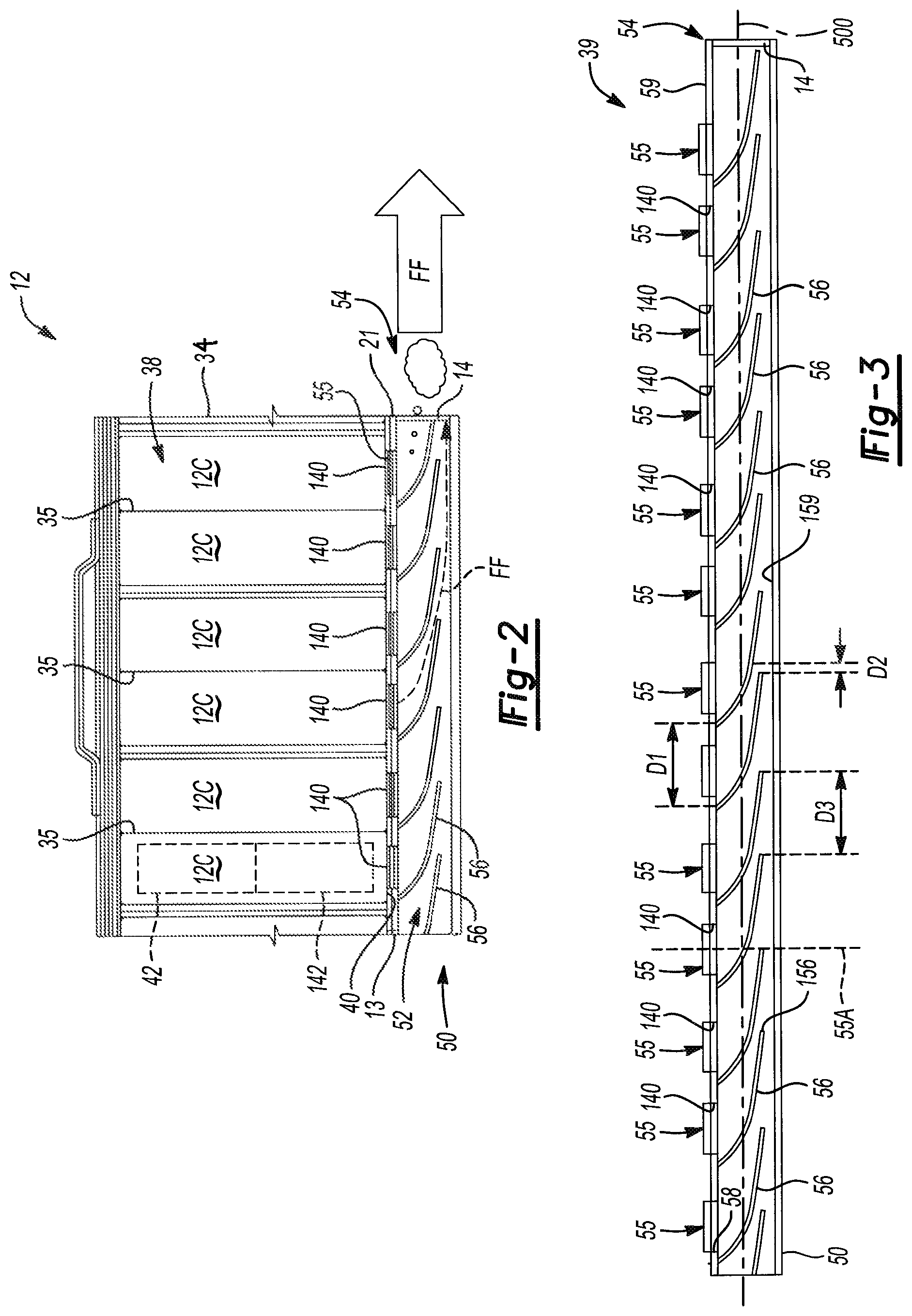 Patent US12322829 Figure 2 – Battery pack with exhaust conduit and gas flow channel for thermal runaway protection