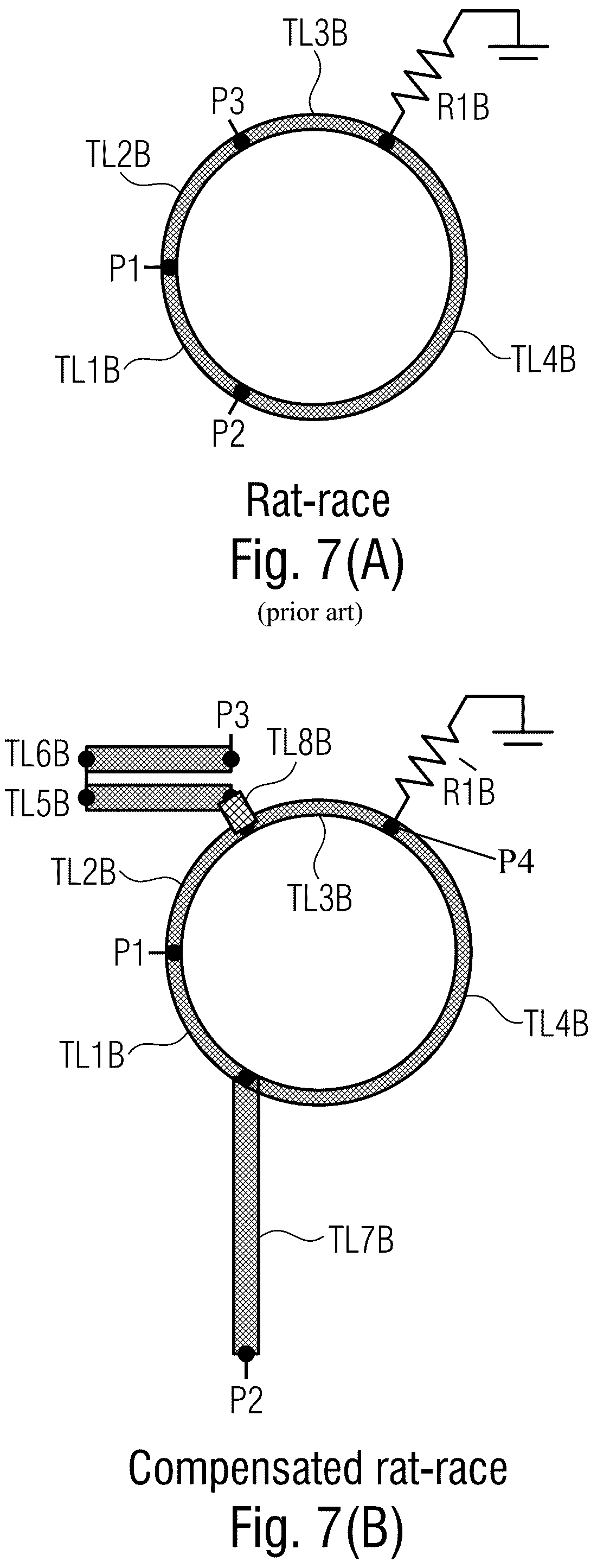 Patent US12322852 Figure 8 – High frequency power divider/combiner circuit including a rat-race coupler coupled by first and second coupling structures to first and second input/output ports