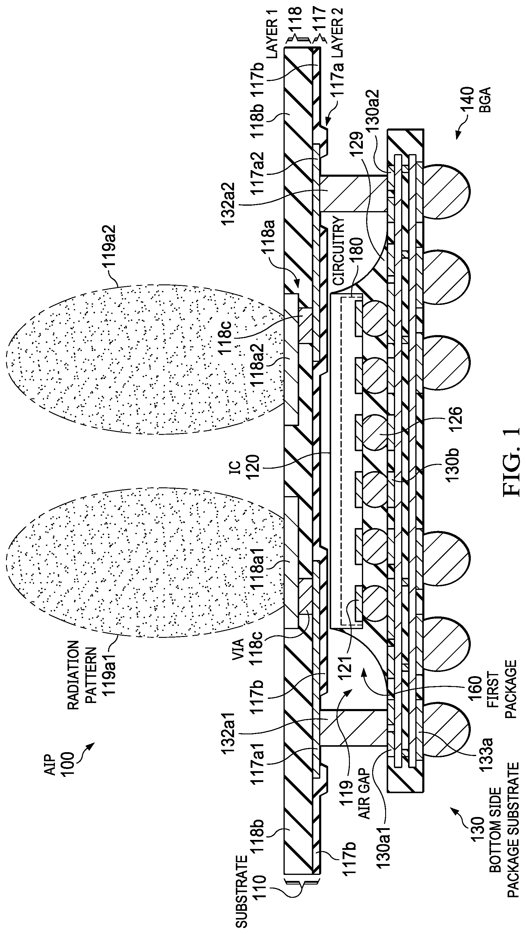 Patent US12322856 Figure 1 – Antenna in package having antenna on package substrate