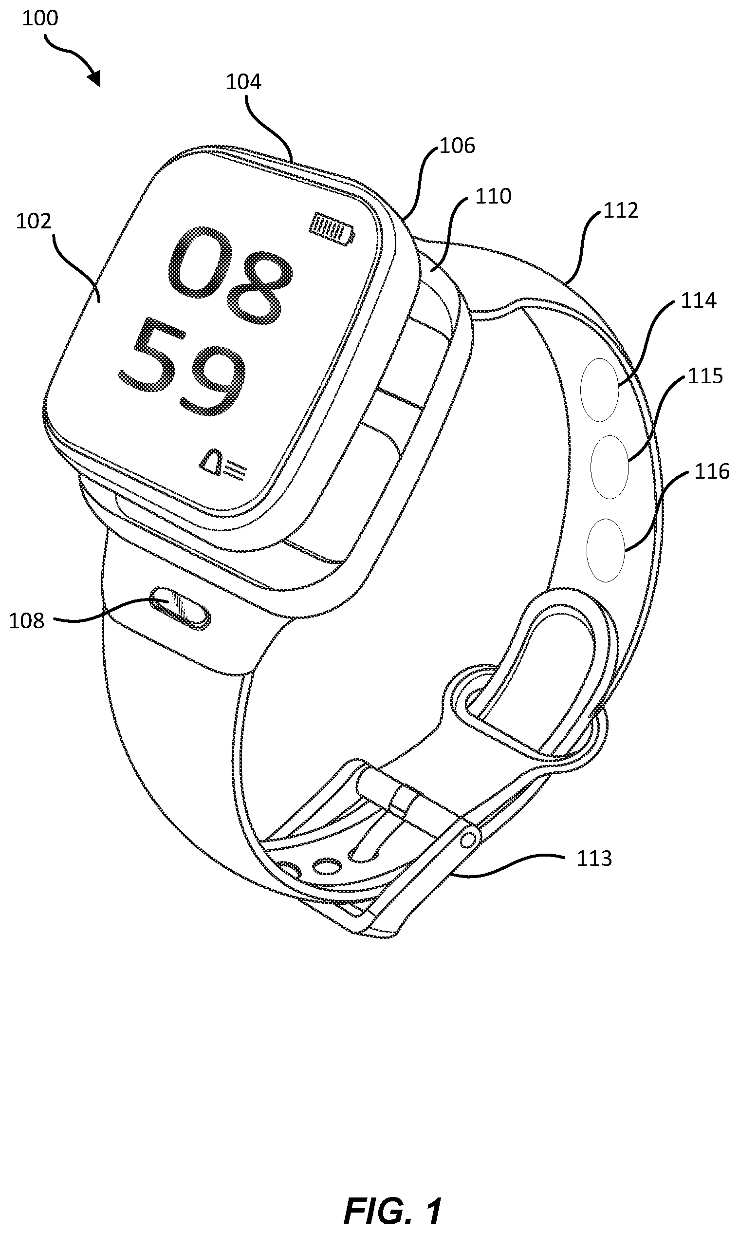 Patent US12322857 Figure 1 – Antenna architecture for a wearable device and related devices and methods