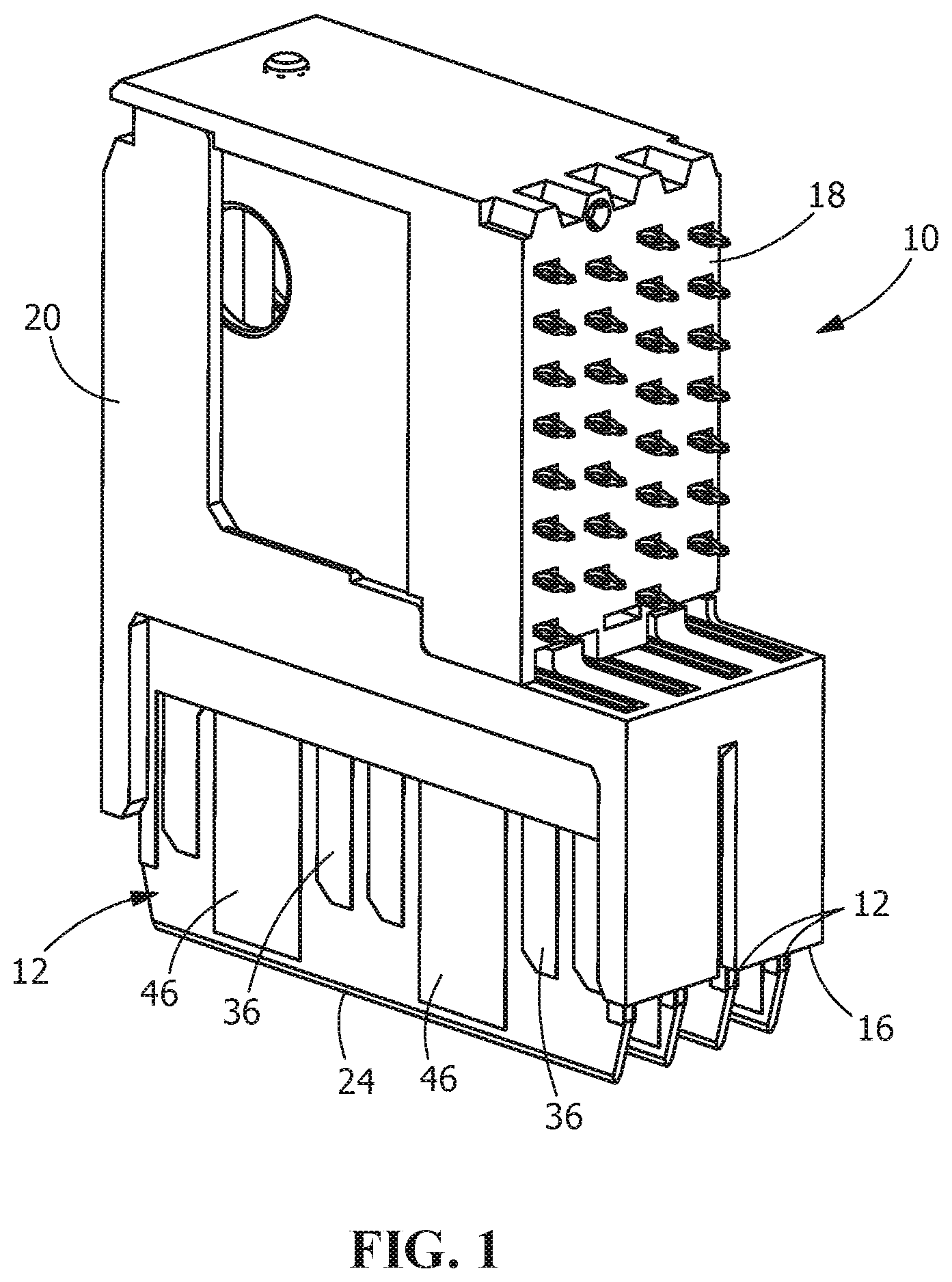 Patent US12322887 Figure 1 – Circuit board wafer with contacts mounted on castellated edges
