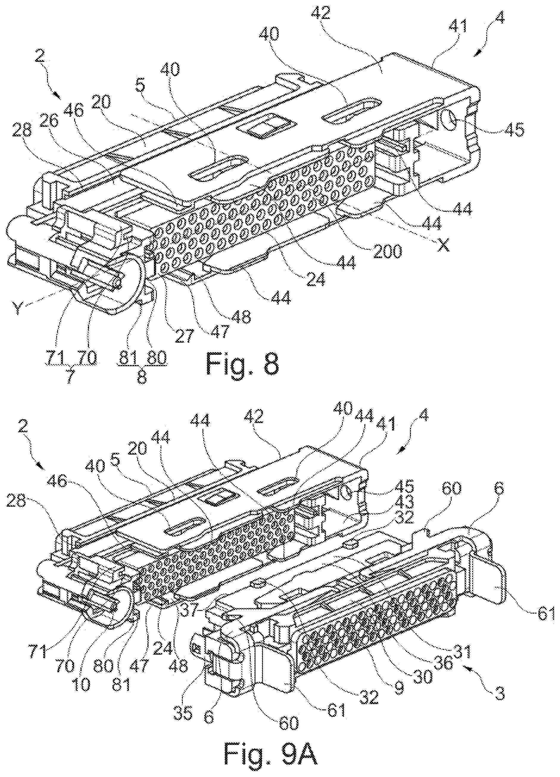 Patent US12322900 Figure 6 – Connector provided with a cap for locking to a complementary connector and with one or more means for securing the locking and the associated coupling between connectors