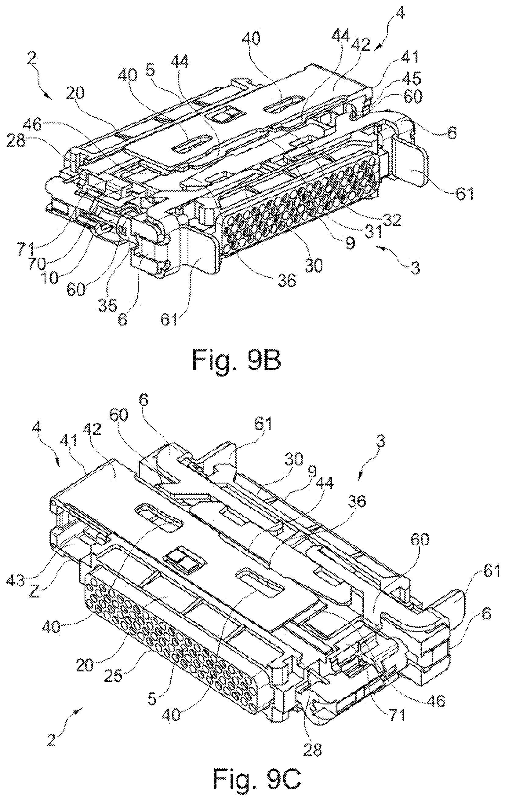 Patent US12322900 Figure 7 – Connector provided with a cap for locking to a complementary connector and with one or more means for securing the locking and the associated coupling between connectors