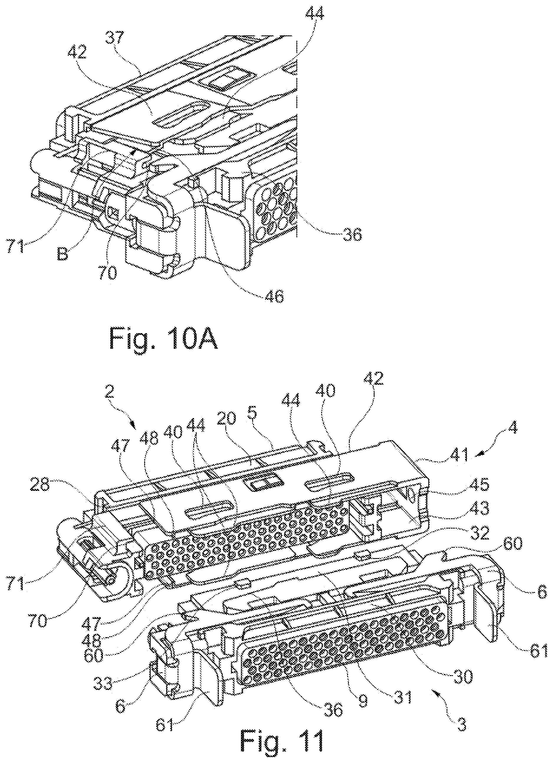 Patent US12322900 Figure 10 – Connector provided with a cap for locking to a complementary connector and with one or more means for securing the locking and the associated coupling between connectors