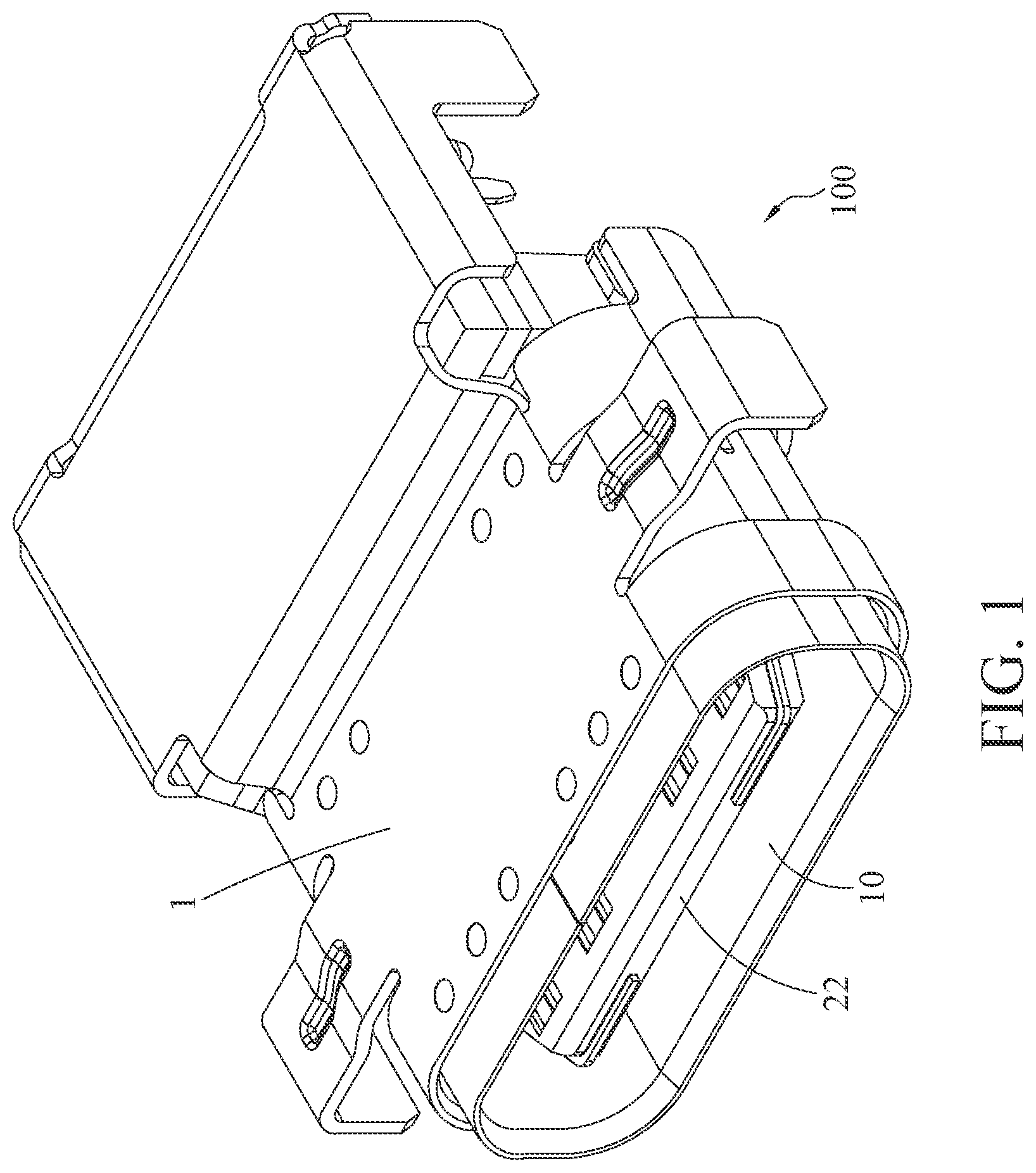 Patent US12322907 — Electrical receptacle connector with metallic plate — Figure 1