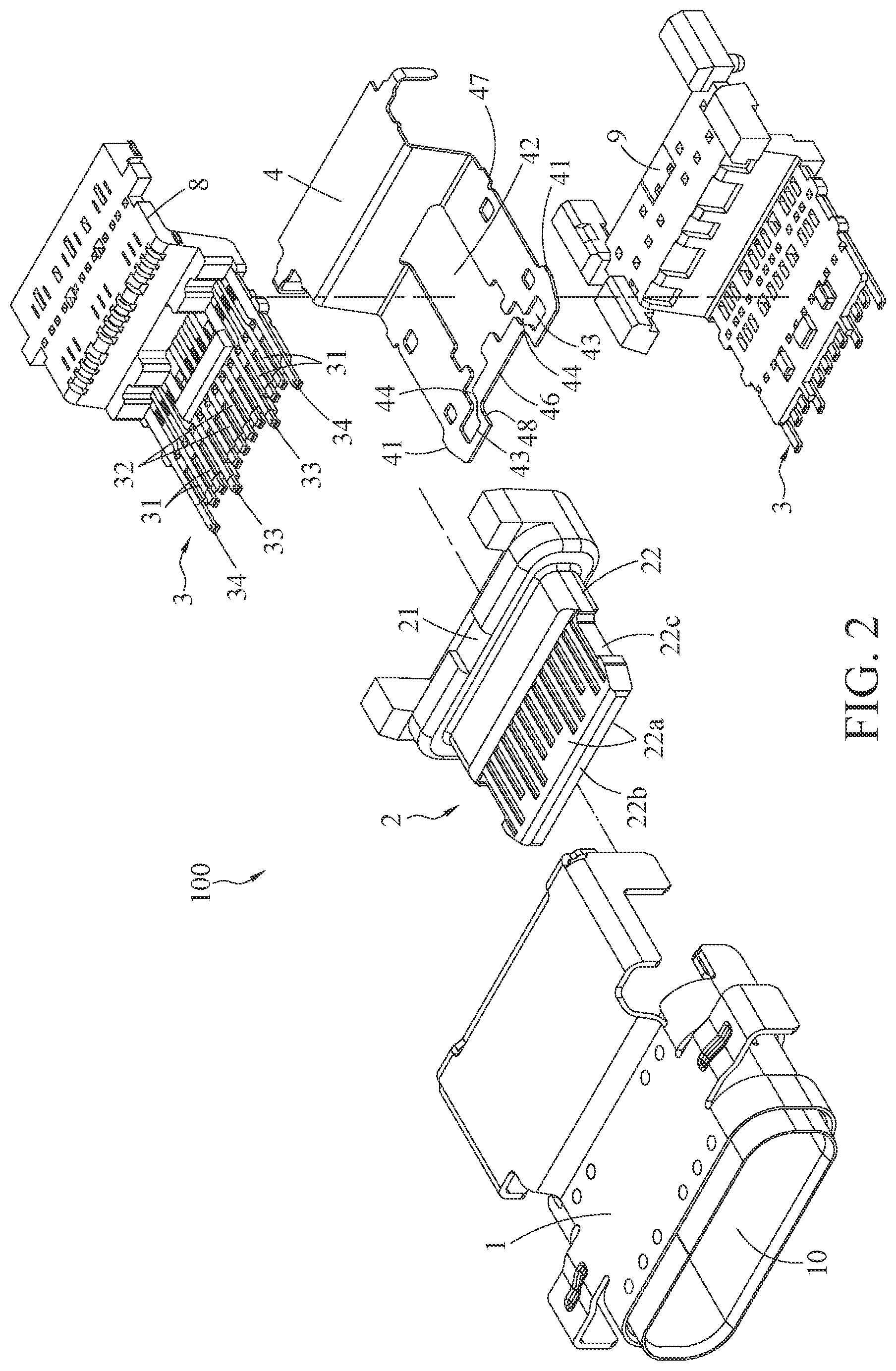 Patent US12322907 Figure 2 – Electrical receptacle connector with metallic plate