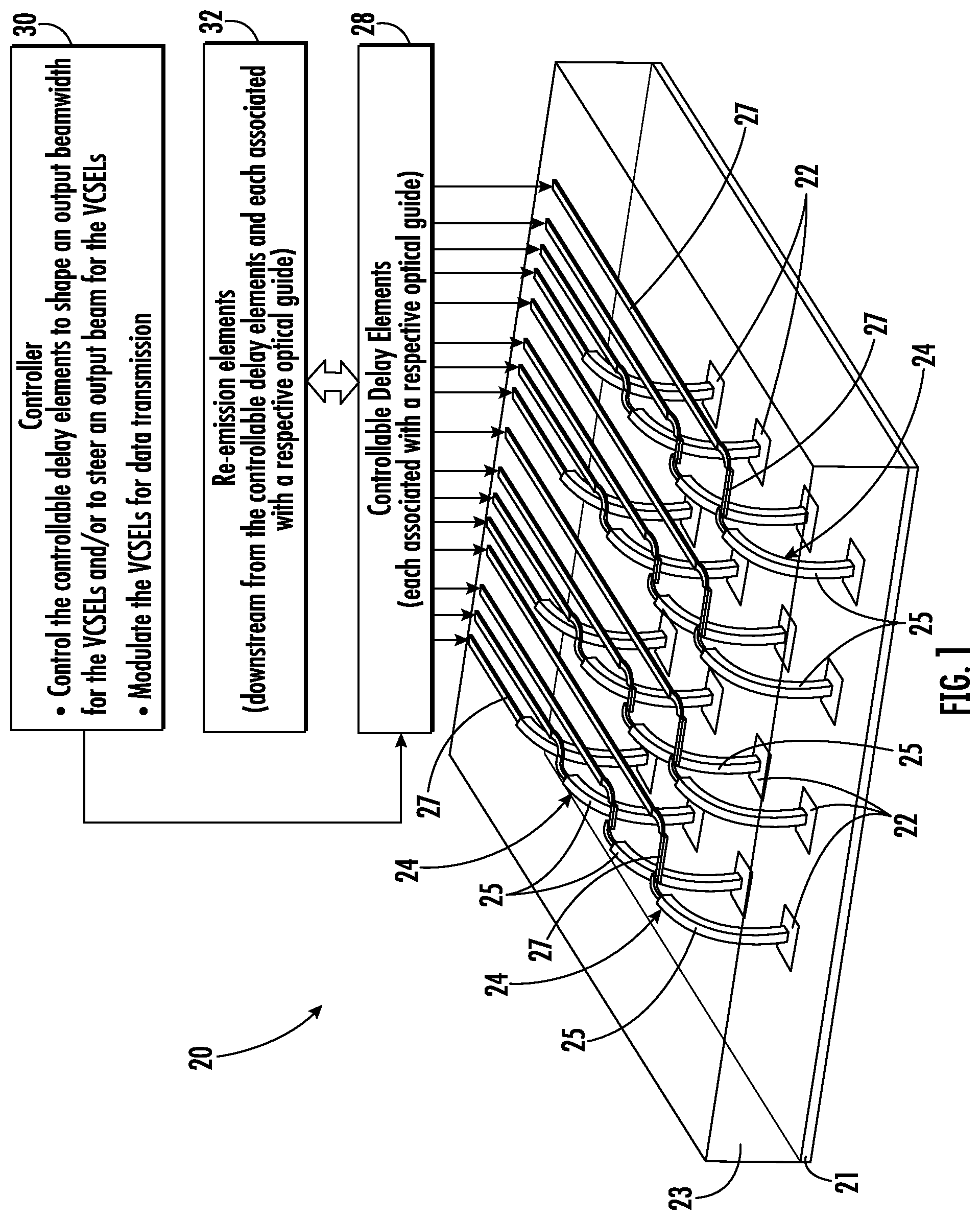 Patent US12322928 Figure 1 – Optical device including laterally guided vertical-cavity surface-emitting lasers (VCSELs) outputs and related methods