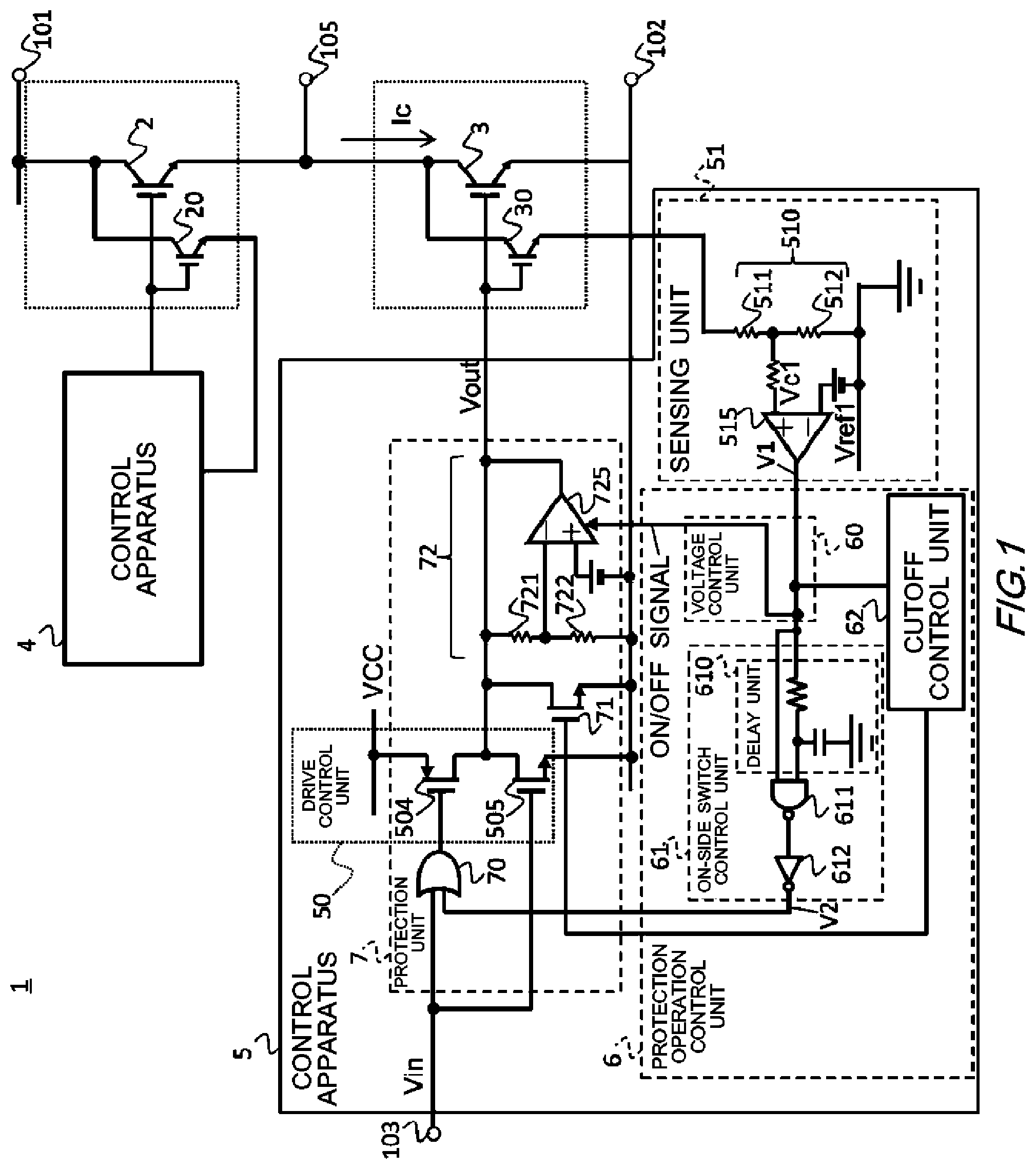 Patent US12322950 Figure 1 – Control apparatus and switching apparatus for short circuit protection