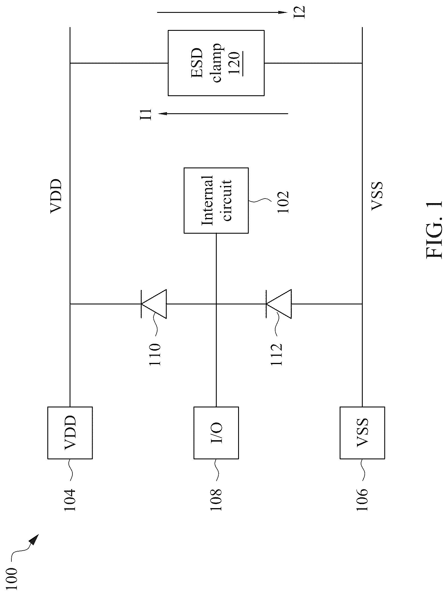Patent US12322959 Figure 1 – Electrostatic discharge circuit and method of operating same