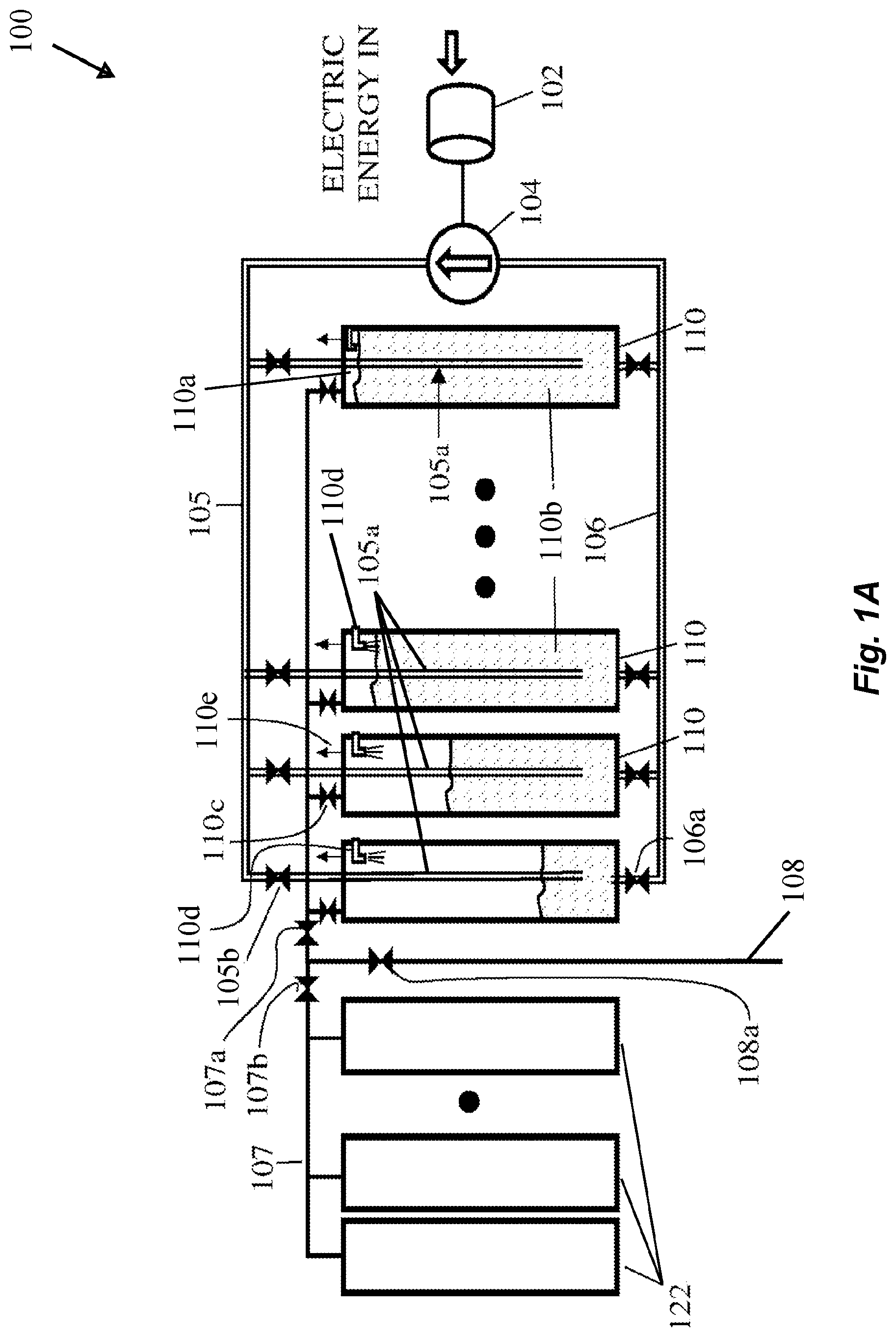 Patent US12322966 Figure 1 – System and method for storing energy, and for recovering stored energy by using liquid and gas as pistons