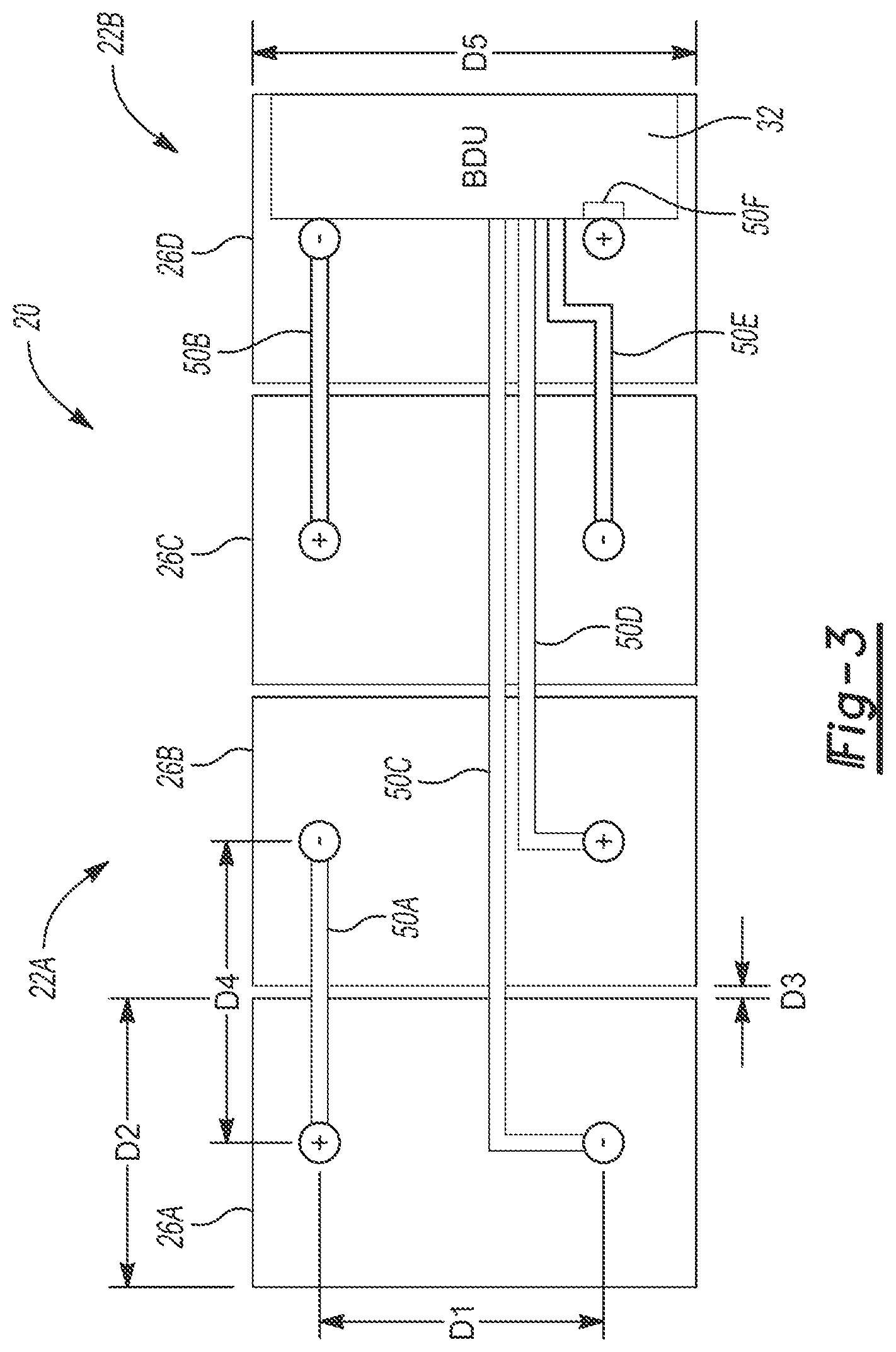 Patent US12322989 Figure 3 – Battery pack with parallel conductor routing