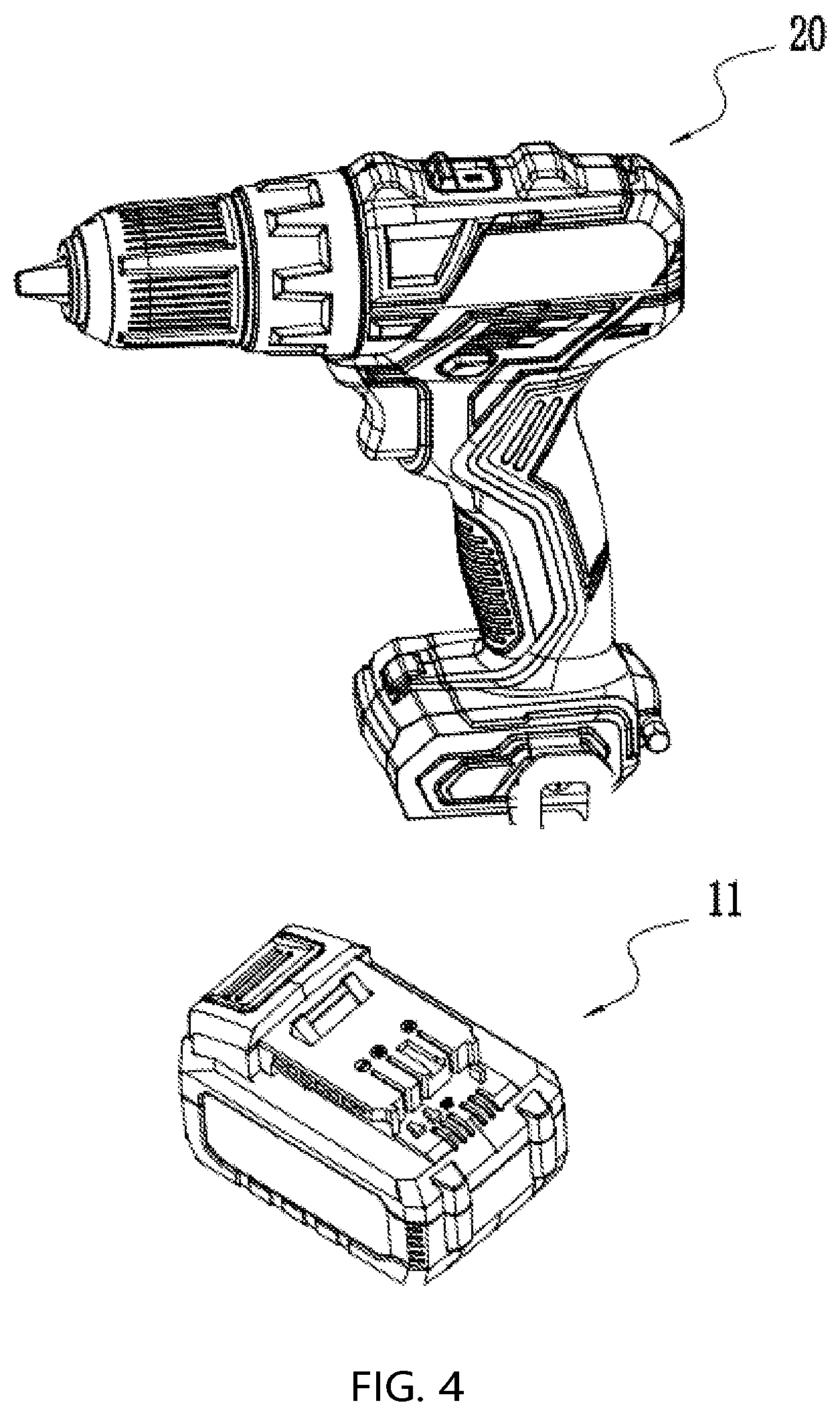 Patent US12322991 Figure 4 – Battery pack and an adapter with a voltage conversion circuit