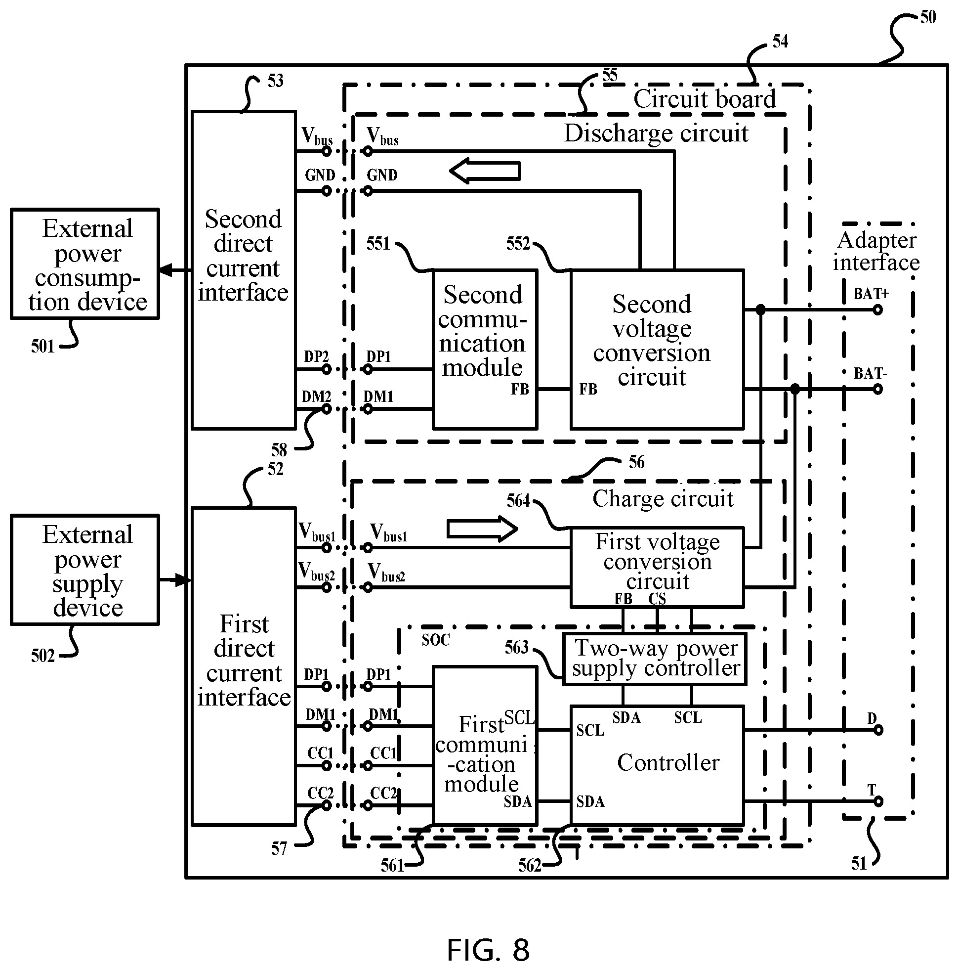Patent US12322991 Figure 8 – Battery pack and an adapter with a voltage conversion circuit
