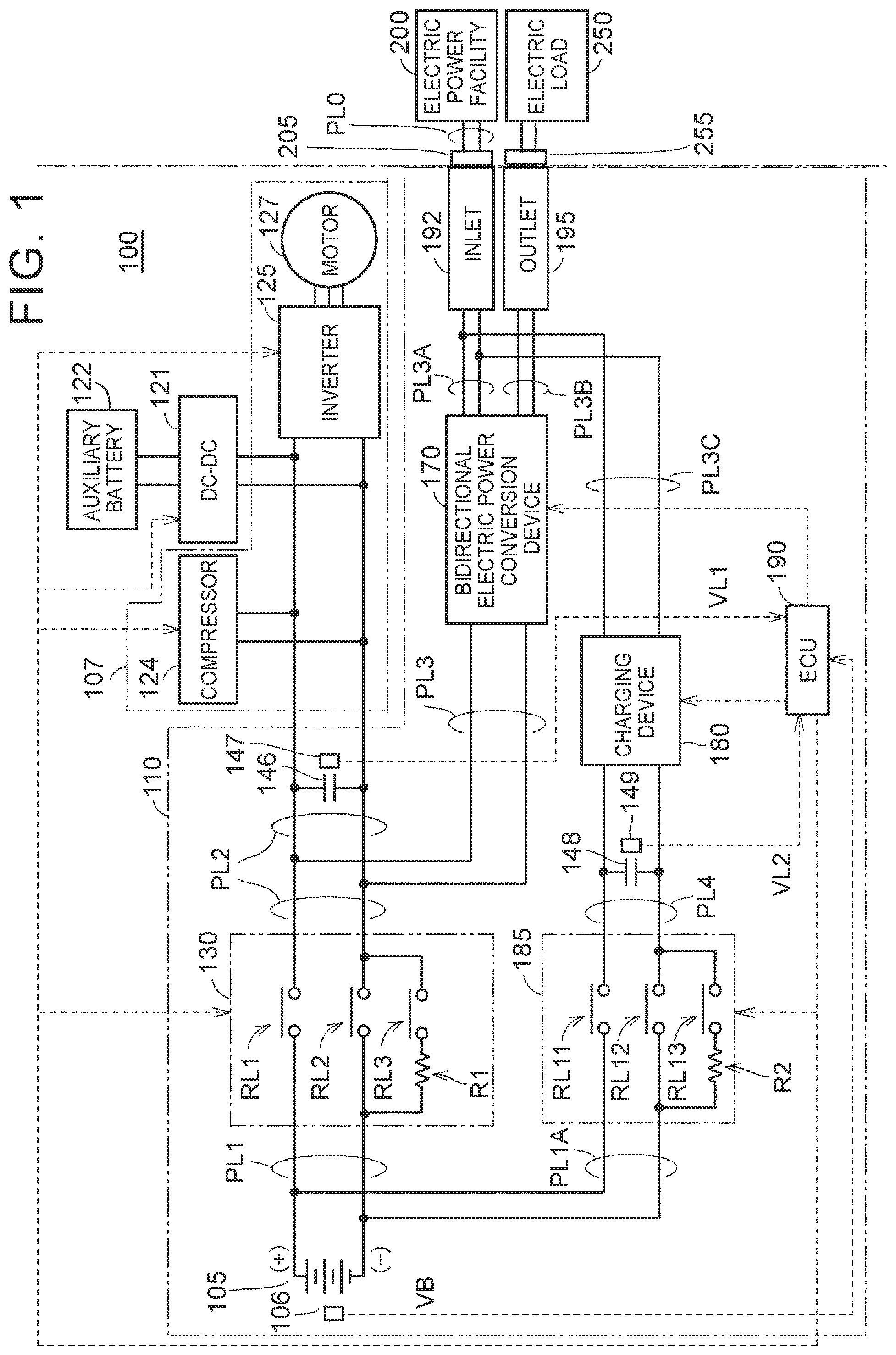 Patent US12322995 Figure 1 – Electric power supply system having a bidirecttional electric power conversion device and a control device that executes a first precharge processing