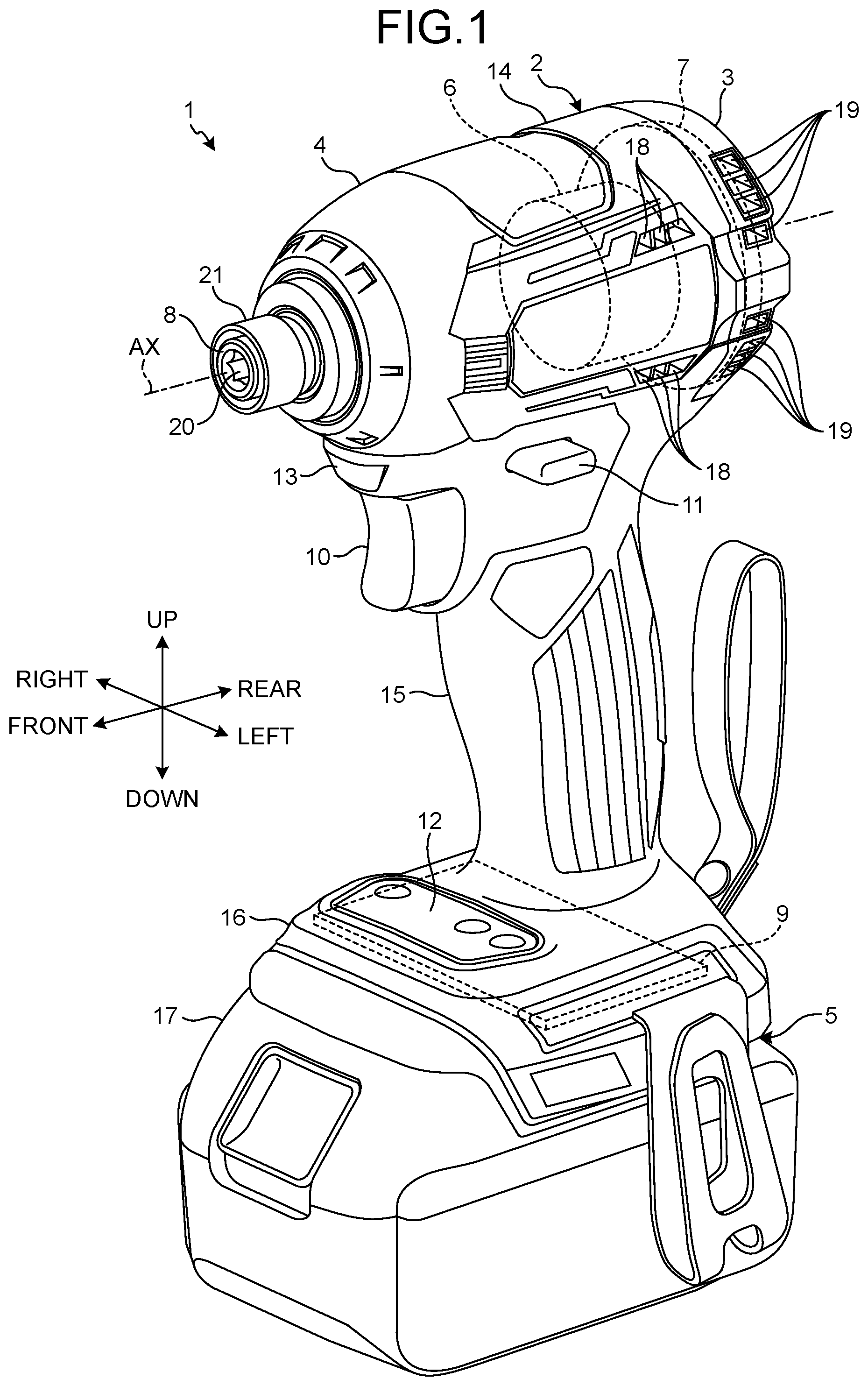 Patent US12323011 Figure 1 – Electric work machine