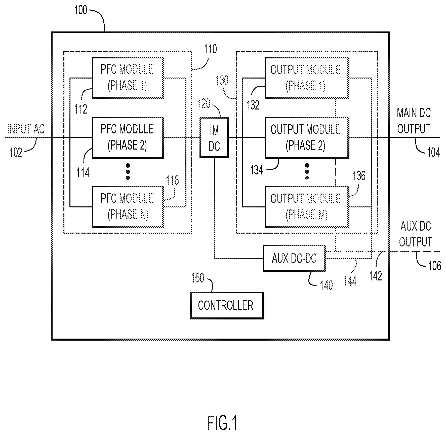 Patent US12323042 Figure 1 – Modular power supply architecture optimized for flat efficiency across loadings