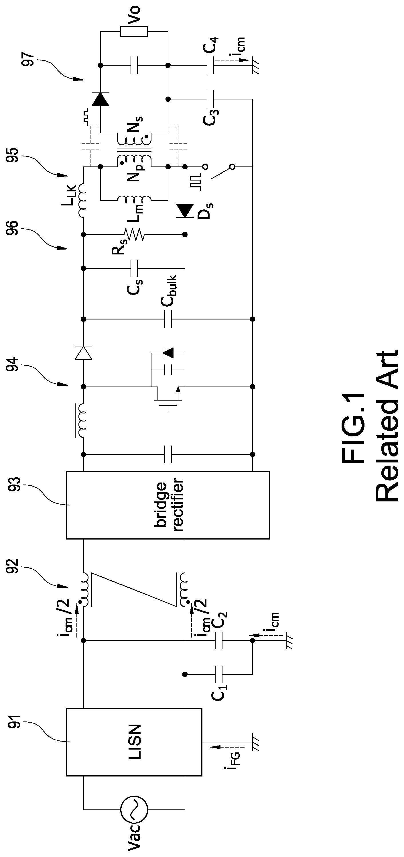 Patent US12323048 Figure 1 – Common-mode noise cancellation circuit and switching power converter for common-mode noise cancellation