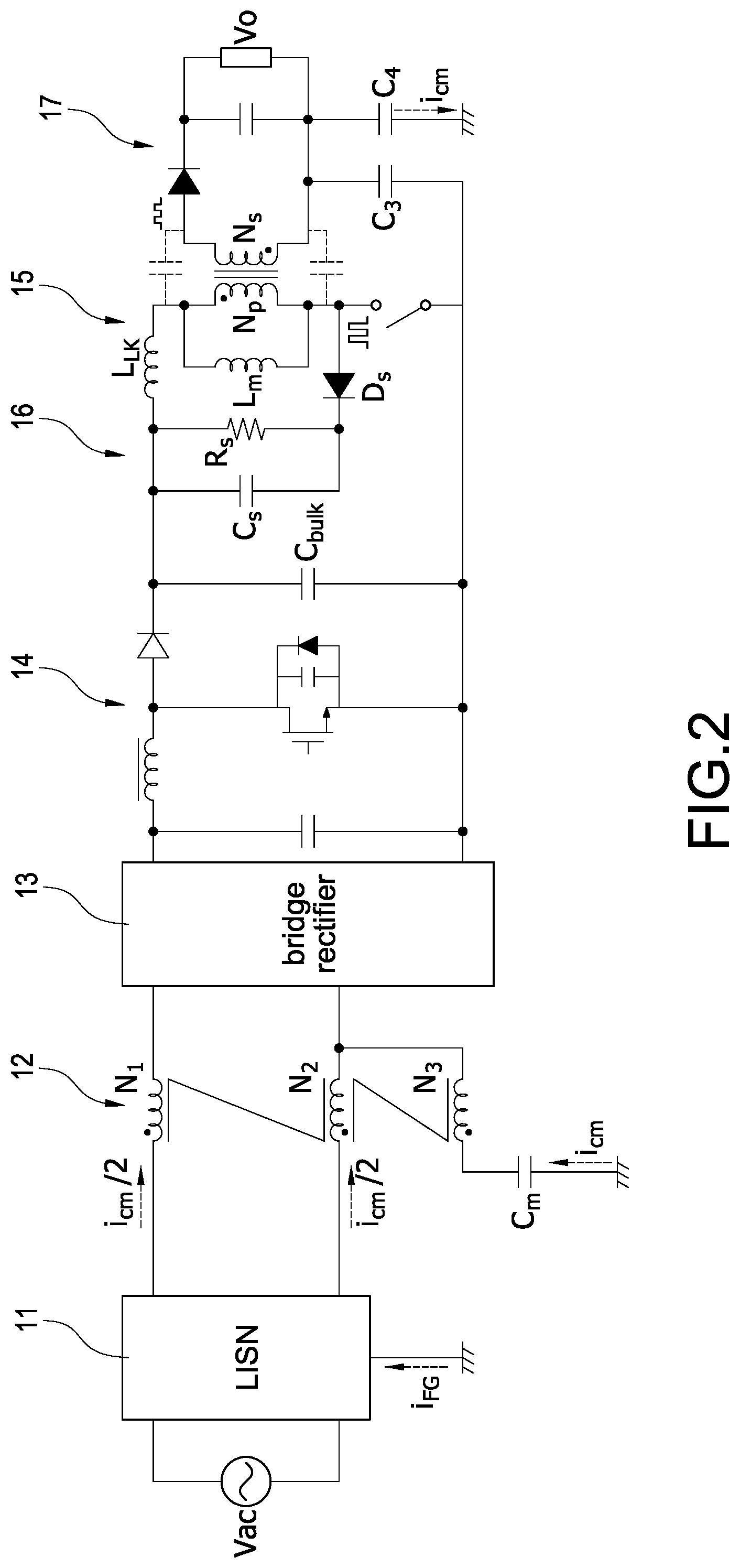 Patent US12323048 Figure 2 – Common-mode noise cancellation circuit and switching power converter for common-mode noise cancellation