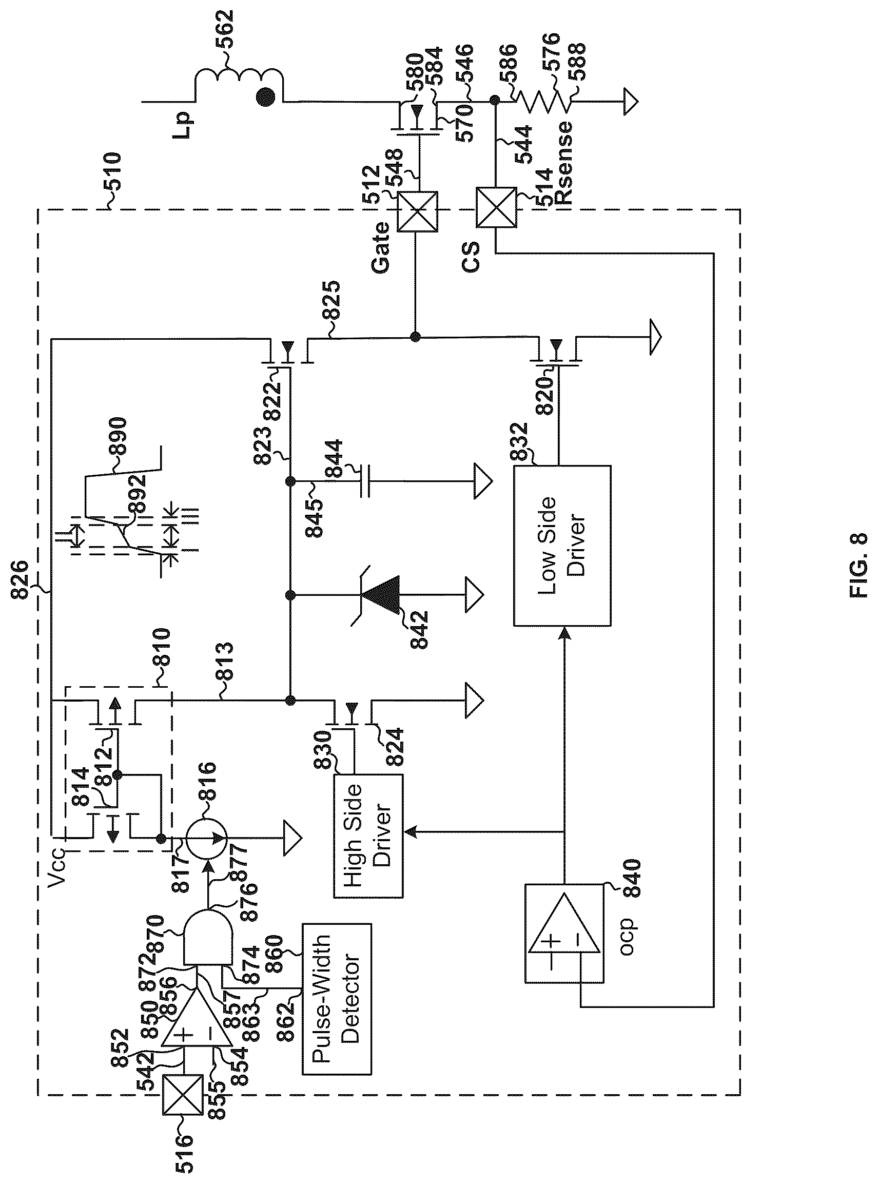 Patent US12323066 Figure 8 – Systems and methods for controlling gate voltage increase on primary side to reduce voltage spike on secondary side of switching power supplies
