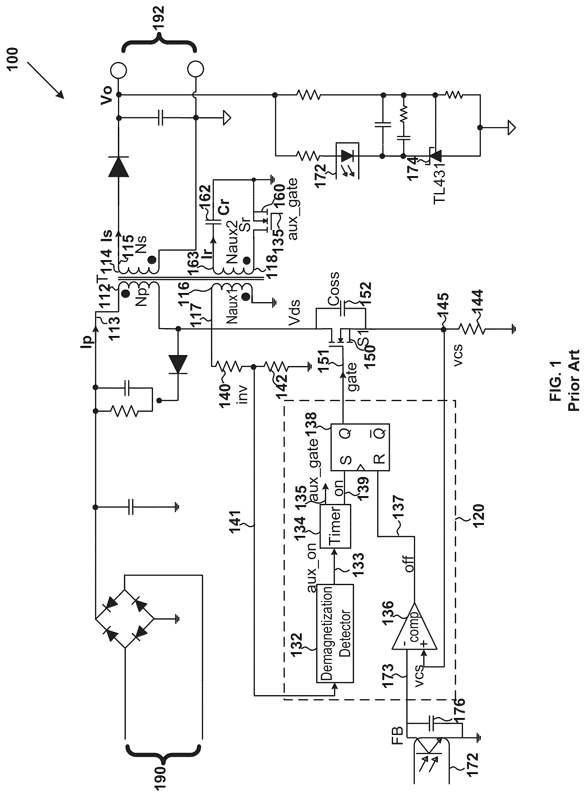 Patent US12323067 Figure 1 – Control systems and methods for turning off transistors associated with auxiliary windings and turning on transistors associated with primary windings