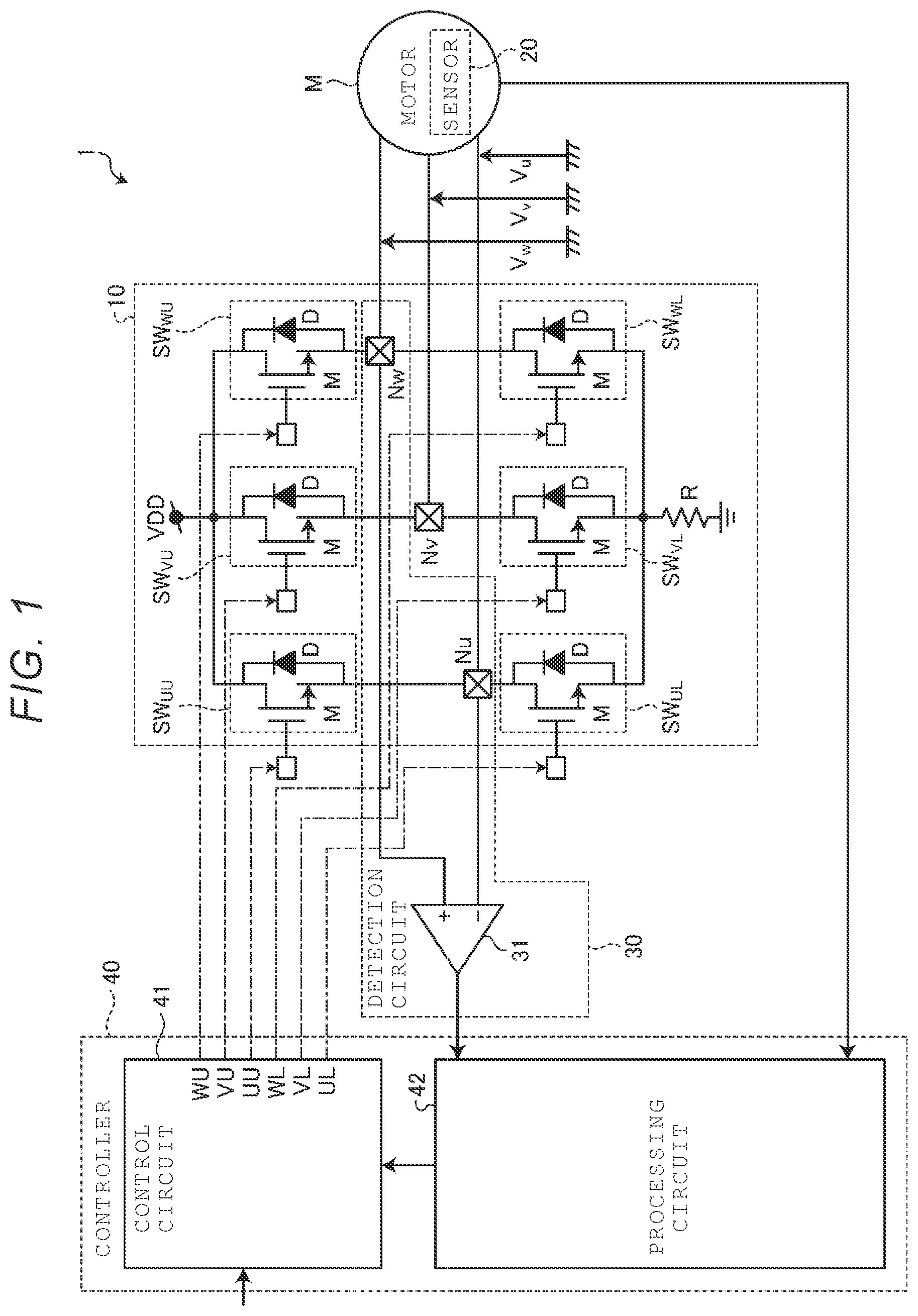Patent US12323083 Figure 1 – Motor control device and motor driver circuit