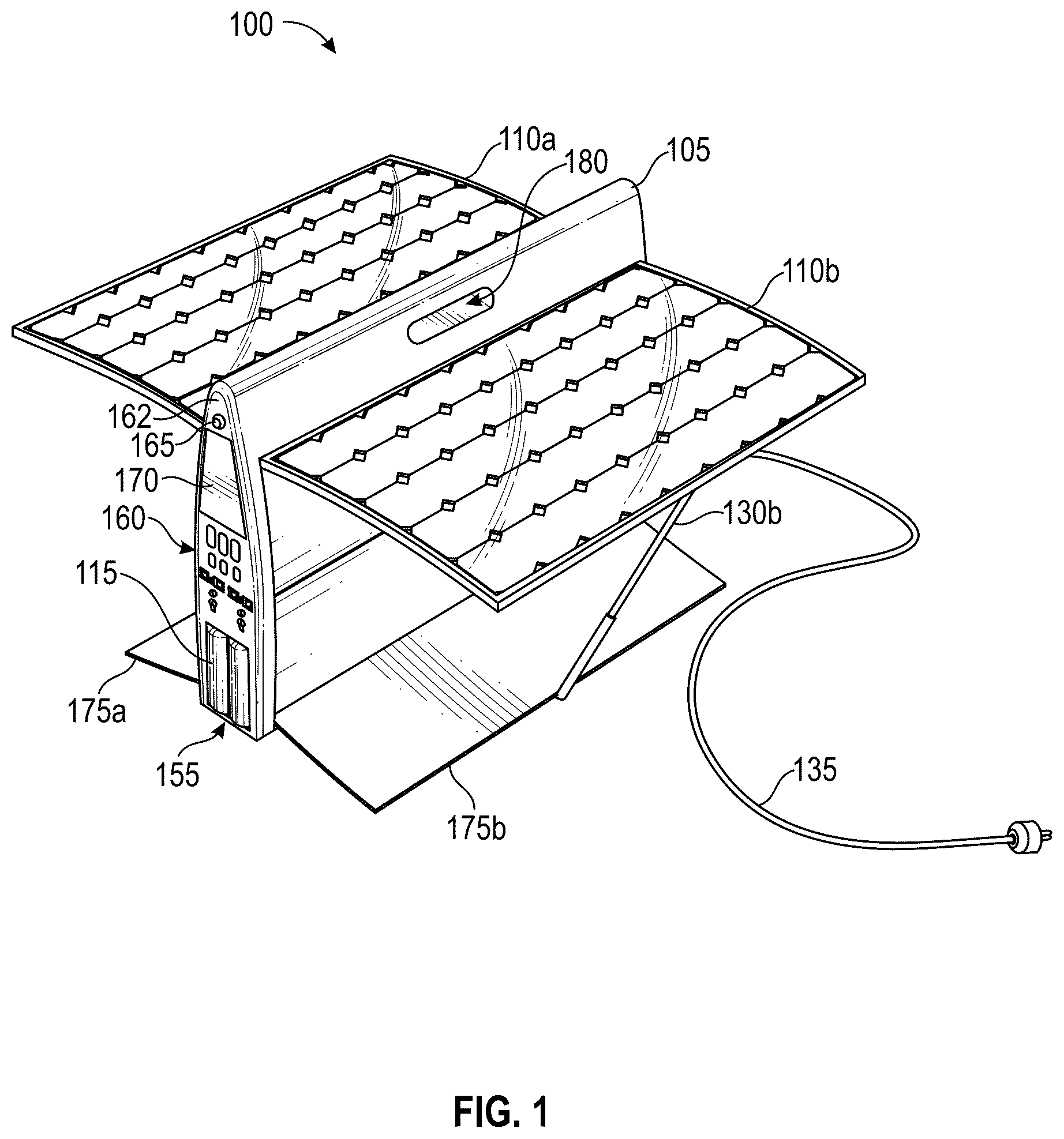 Patent US12323085 Figure 1 – Deployable hybrid solar power charger