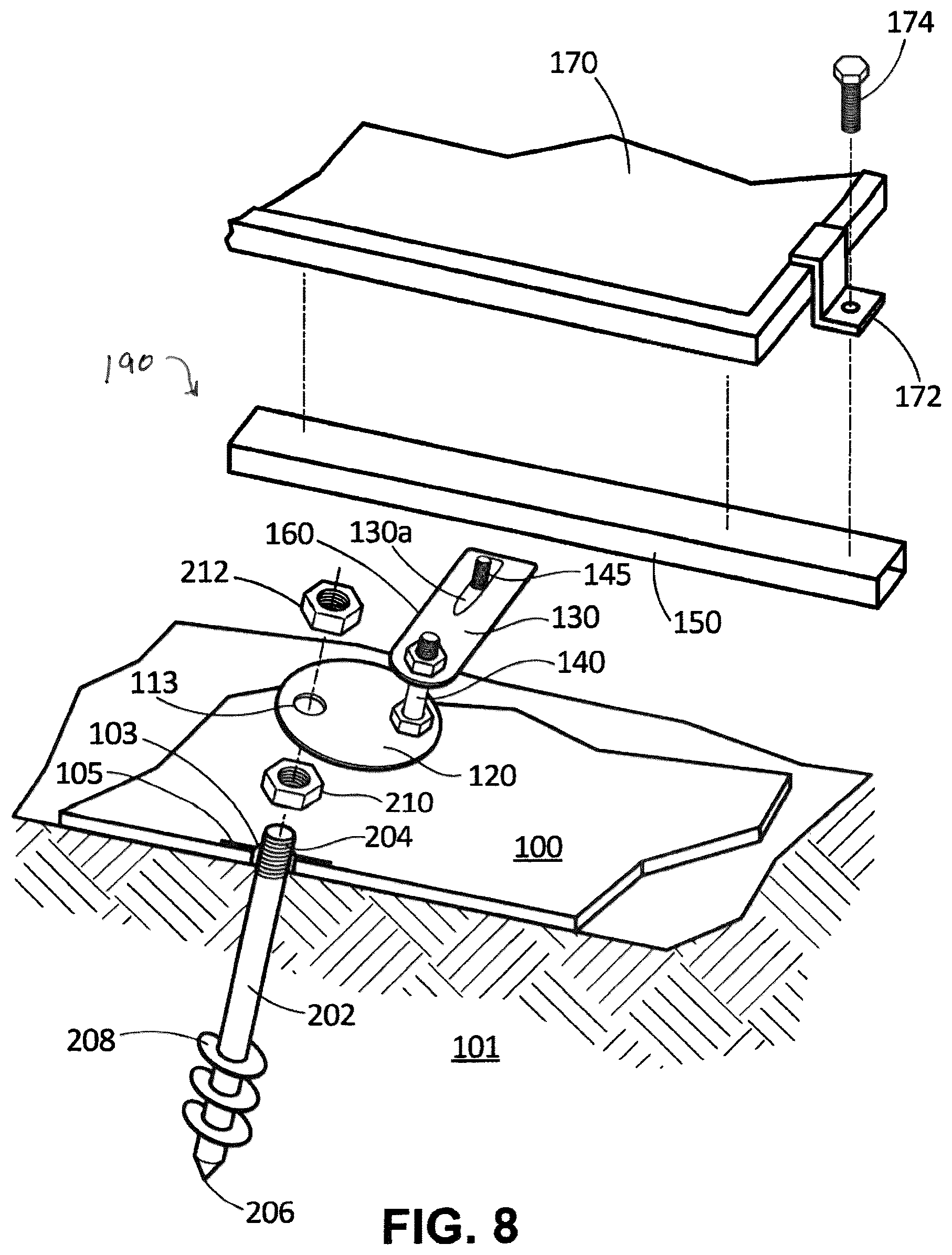 Patent US12323087 Figure 8 – Anchoring structure for ground mounting of solar photovoltaic system