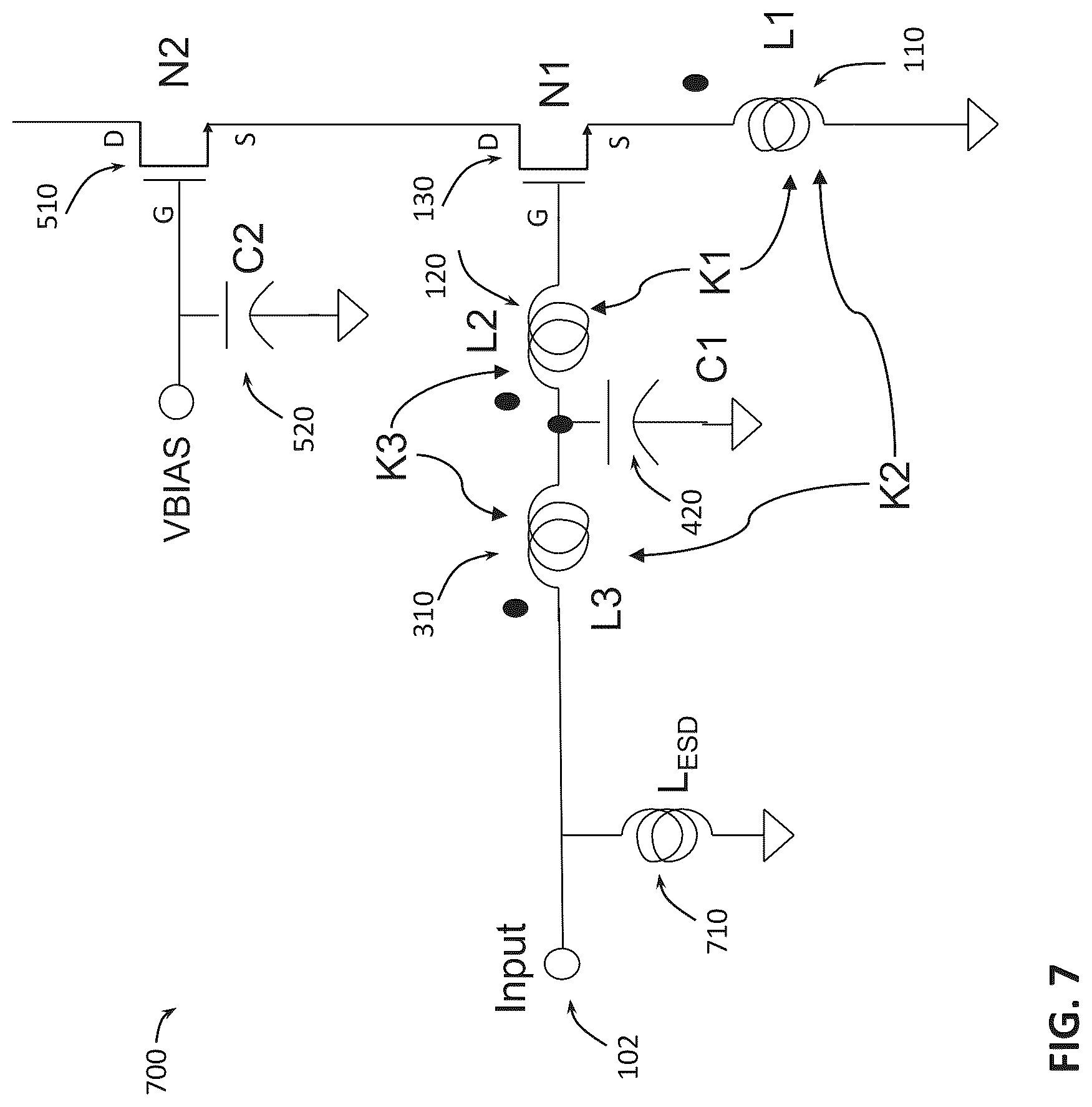 Patent US12323108 Figure 7 – Low noise amplifier topology