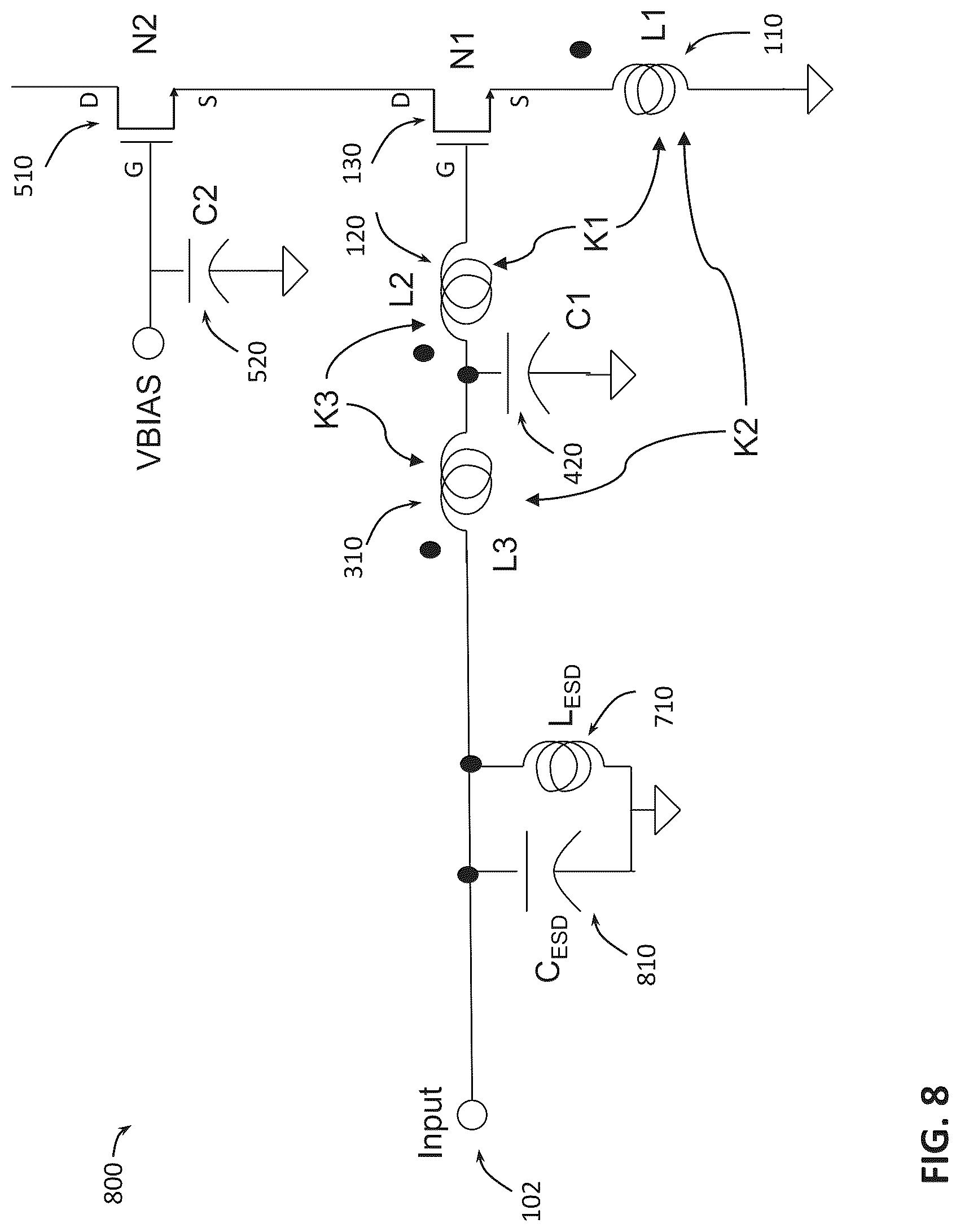 Patent US12323108 Figure 8 – Low noise amplifier topology
