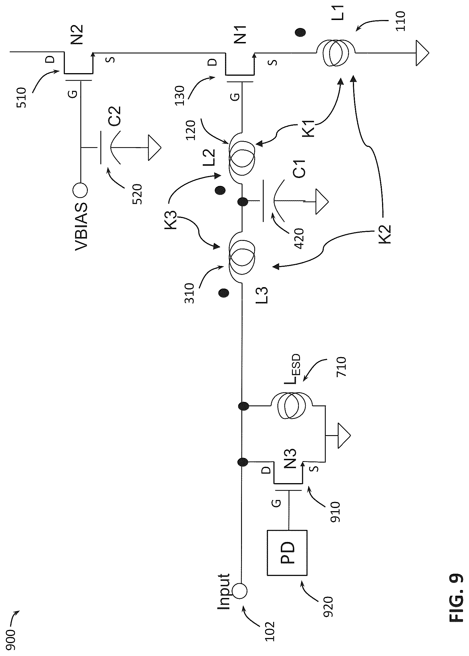 Patent US12323108 Figure 9 – Low noise amplifier topology