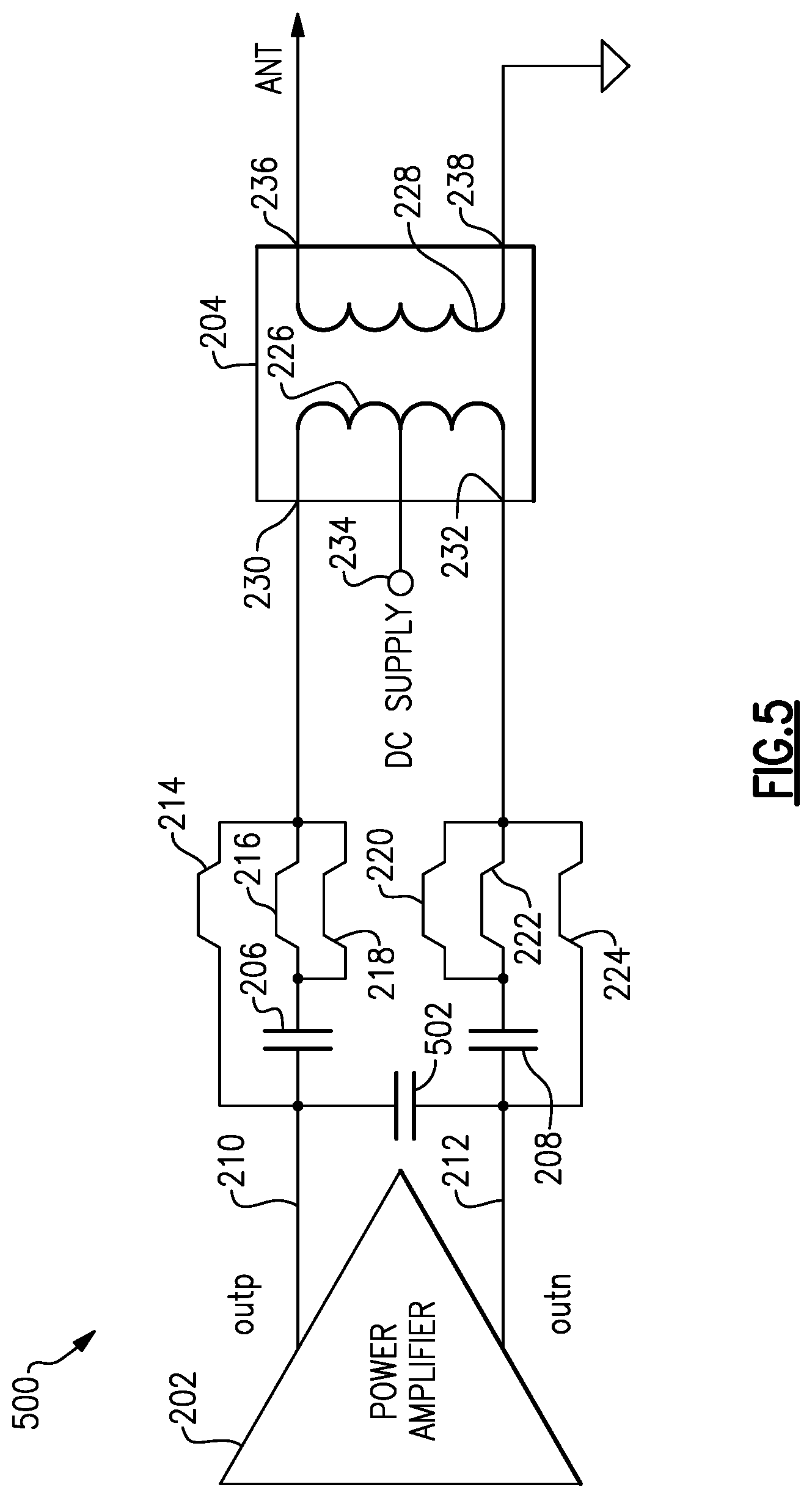Patent US12323114 Figure 5 – Biasing solution for push-pull power amplifier for low loadline and high common mode rejection ratio background