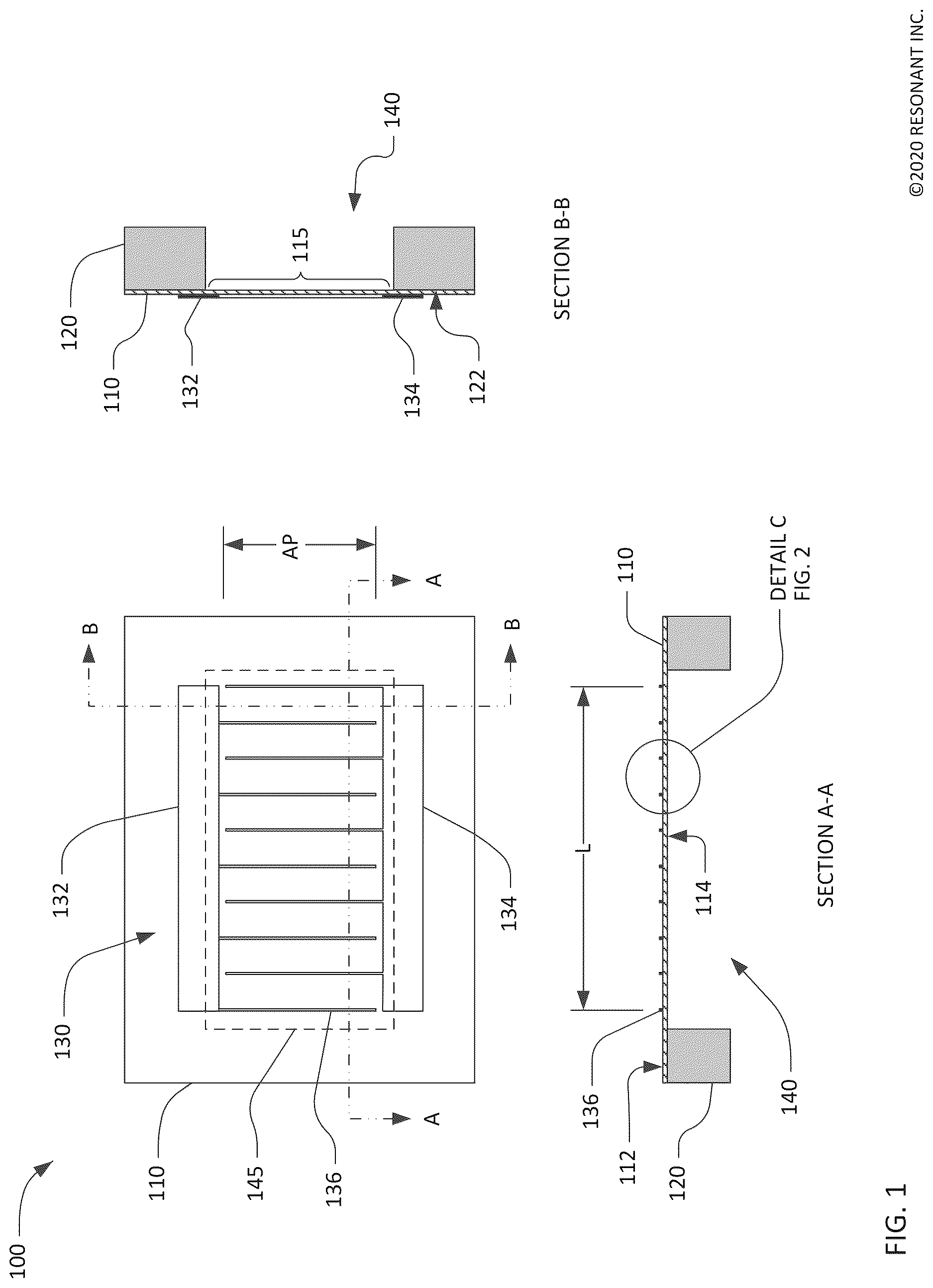Patent US12323125 Figure 1 – Symmetric transversely-excited film bulk acoustic resonators with reduced spurious modes