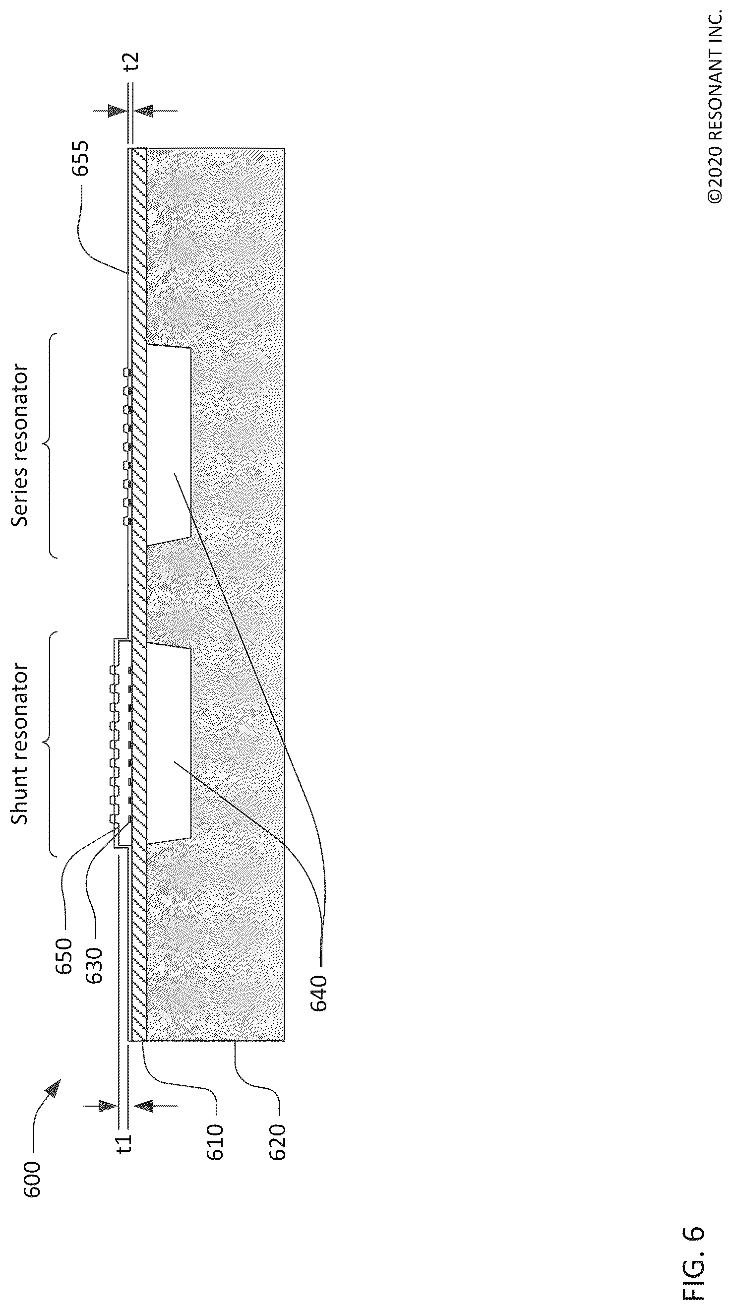 Patent US12323125 Figure 6 – Symmetric transversely-excited film bulk acoustic resonators with reduced spurious modes