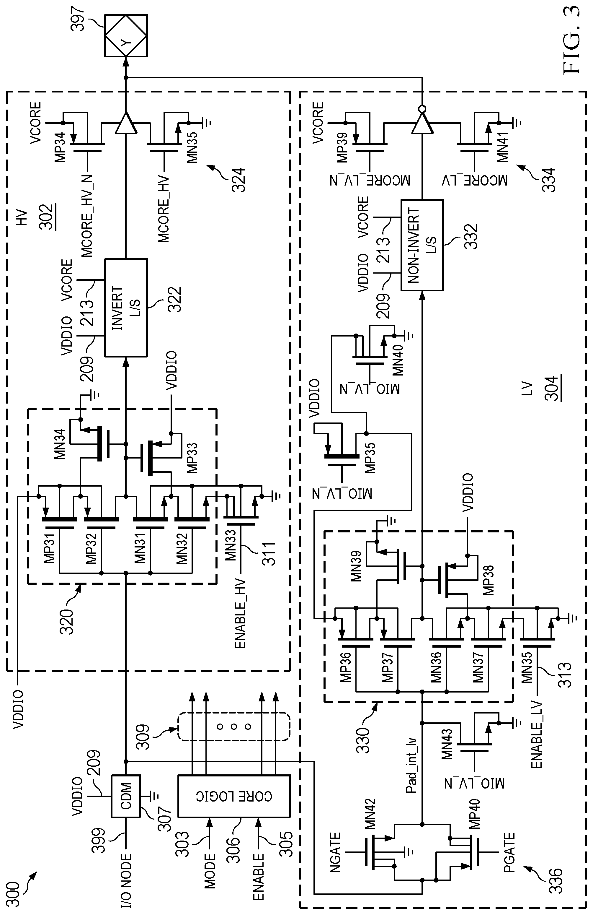 Patent US12323140 Figure 3 – Integrated circuit (IC) with wide-range I/O supply