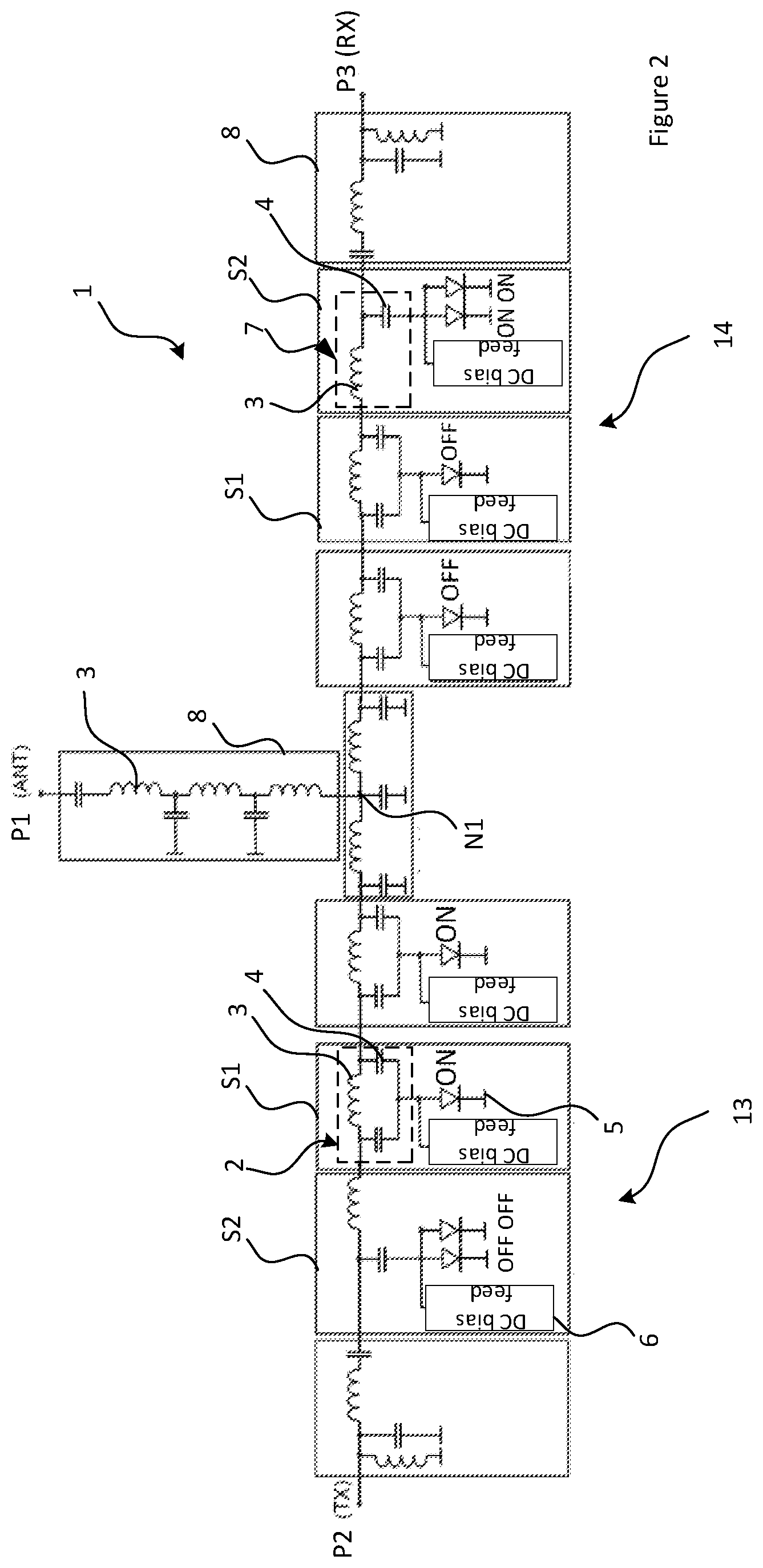 Patent US12323147 Figure 2 – Single-pole double-throw radio-frequency switch topology