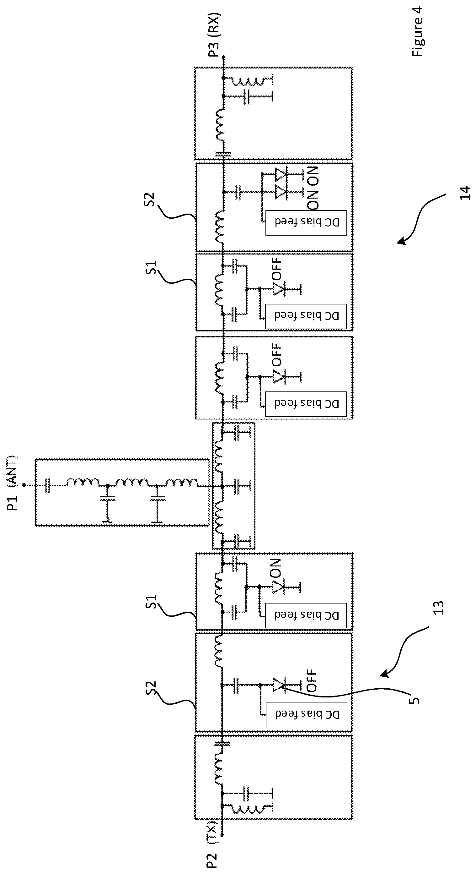 Patent US12323147 Figure 4 – Single-pole double-throw radio-frequency switch topology