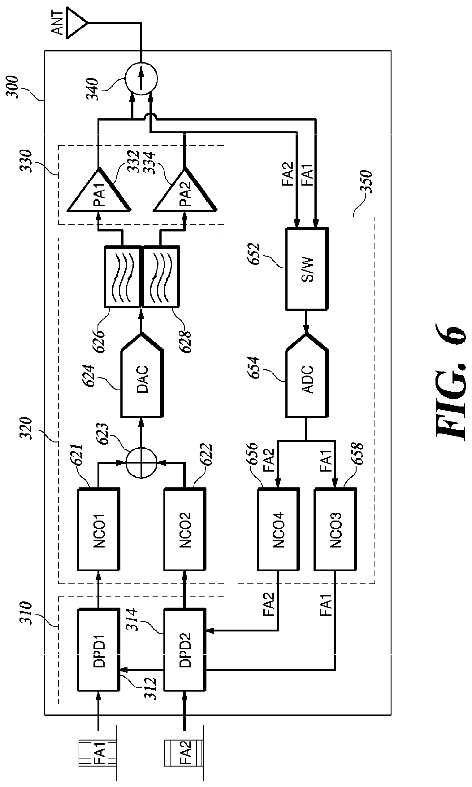 Patent US12323176 Figure 4 – Multiband transmitter efficiently implementing pre-distortion