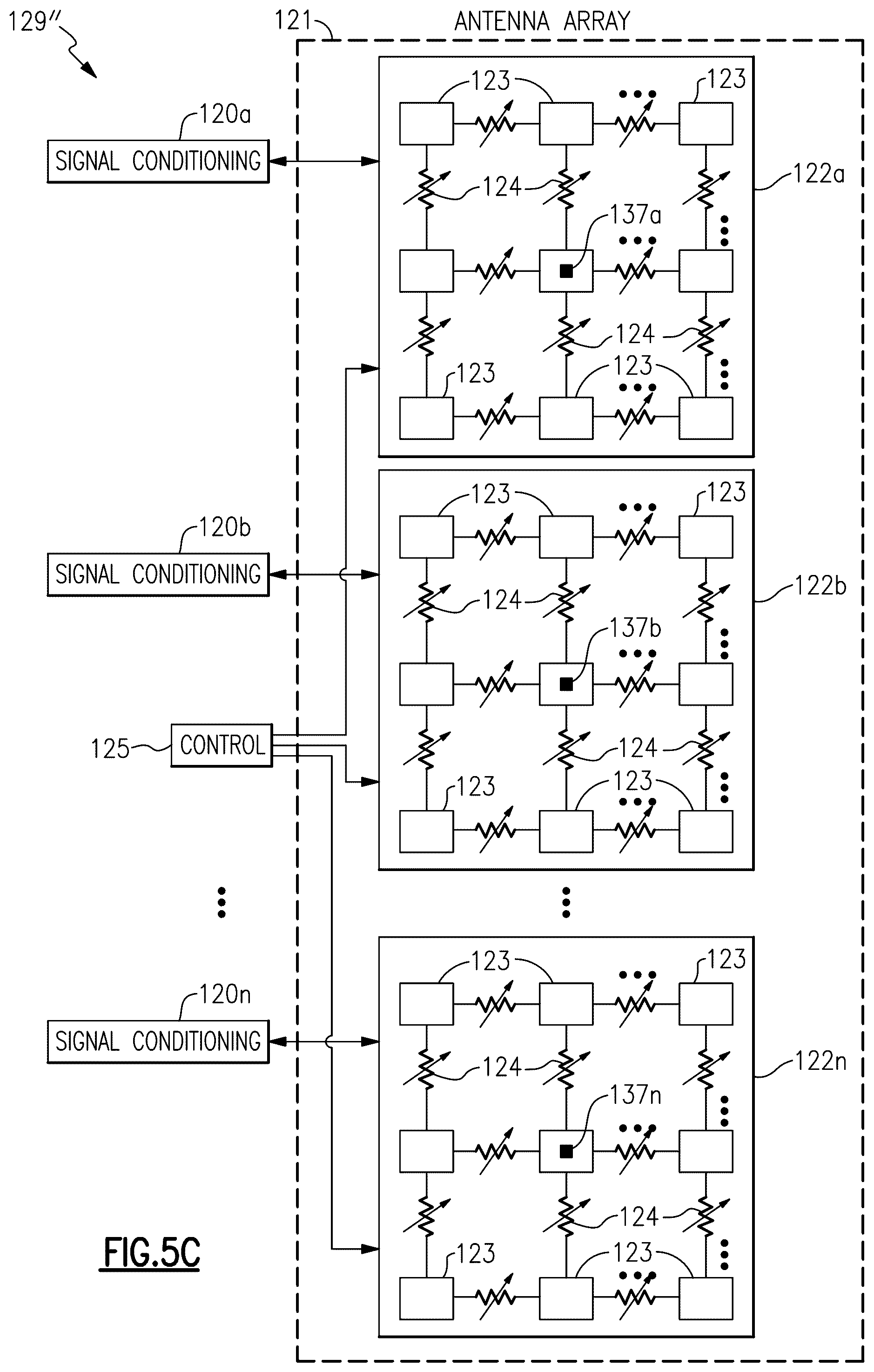 Patent US12323180 Figure 10 – Antenna array with antenna elements interconnected by controllable resistances