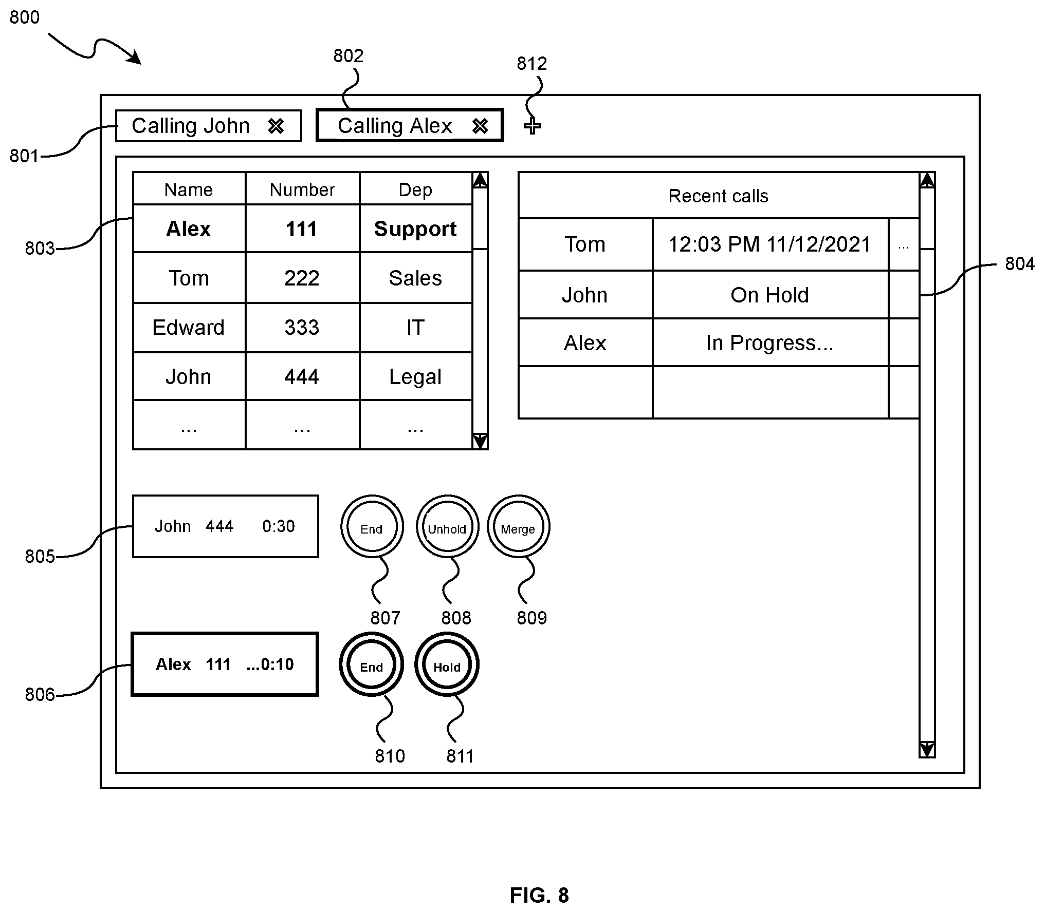 Patent US12323470 Figure 8 – Systems and methods for handling calls in multiple browser tabs