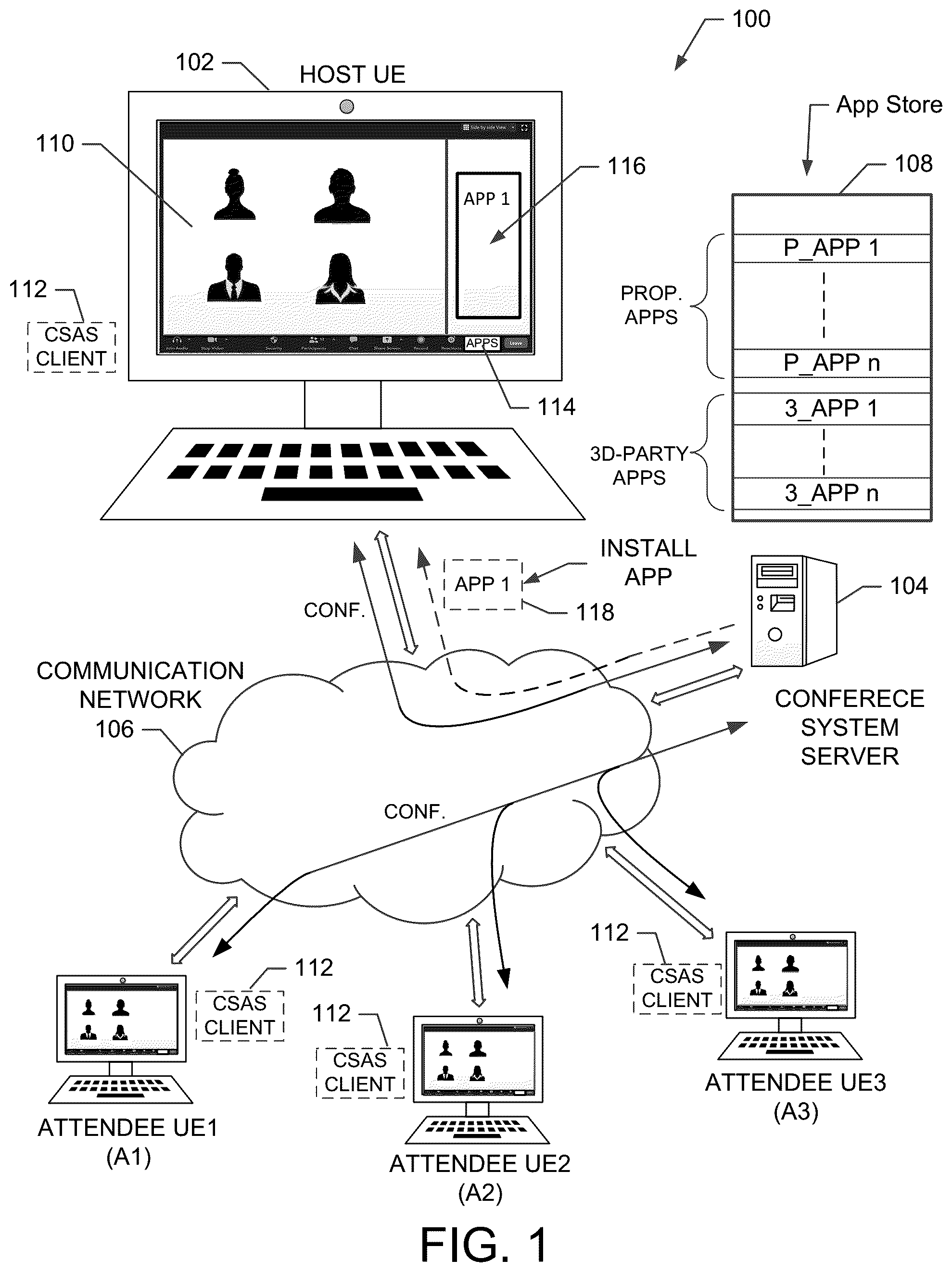 Patent US12323474 Figure 1 – Sharing a screenshot during a network conference