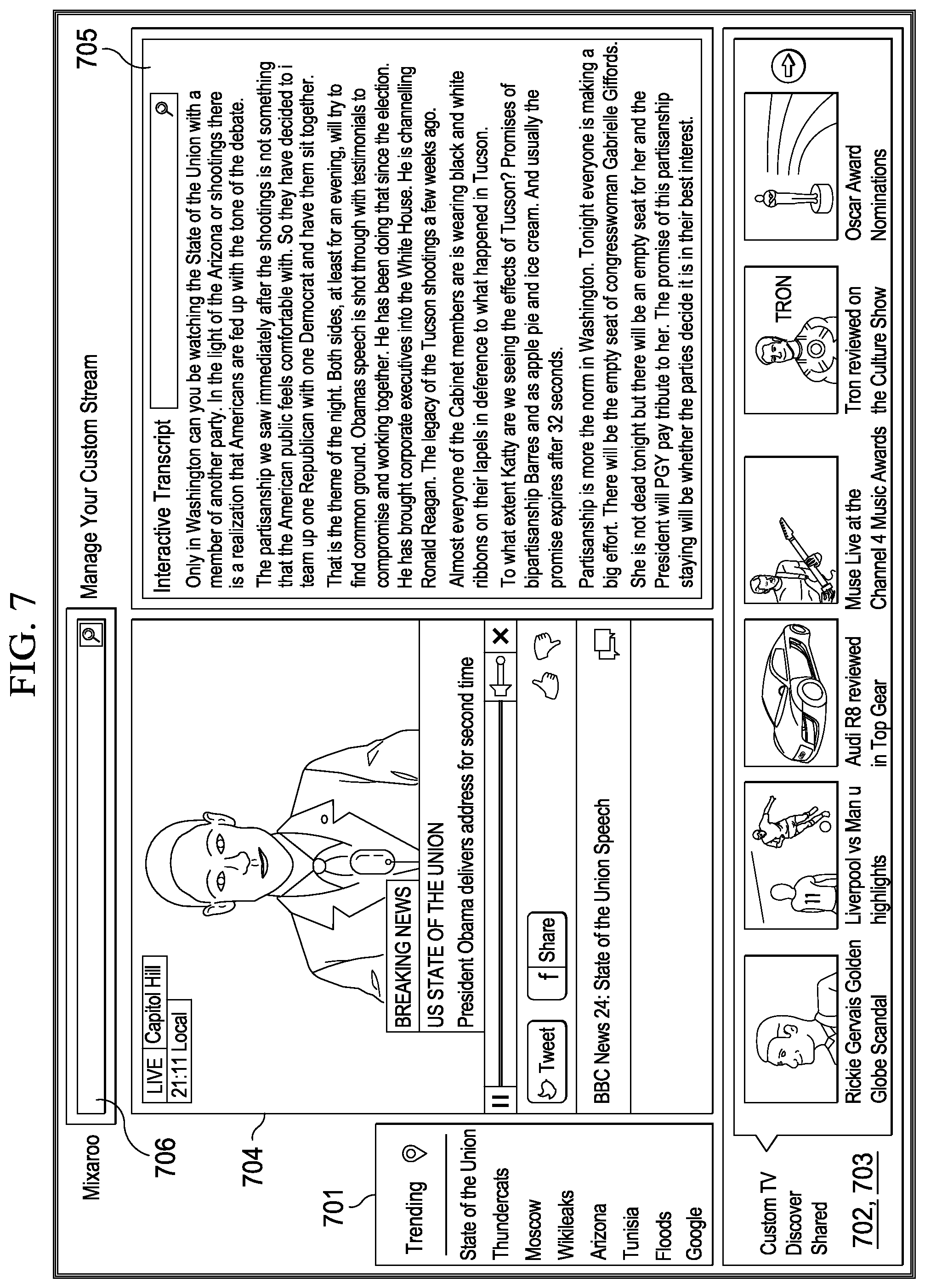 Patent US12323673 Figure 7 – Audiovisual content item transcript search engine