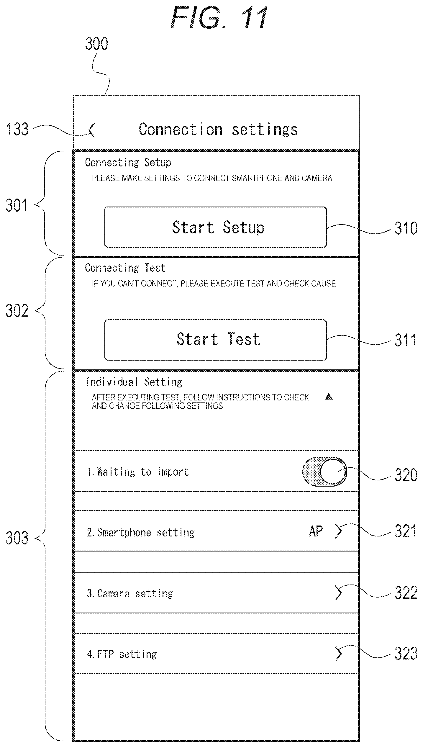 Patent US12323693 Figure 11 – Information processing device, information processing method, and program with user interface control for connection setting modes