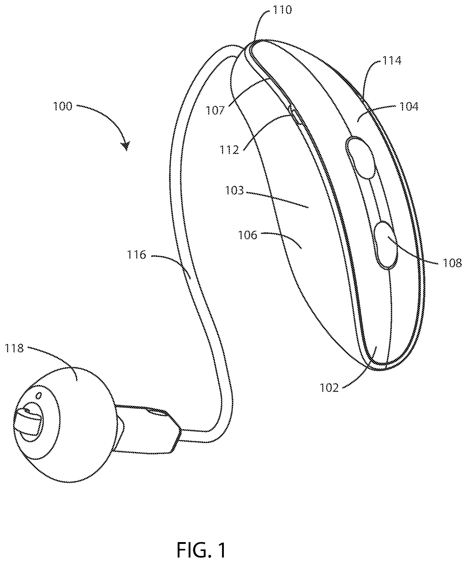 Patent US12323772 Figure 1 – Ear-wearable device with foreign material trap