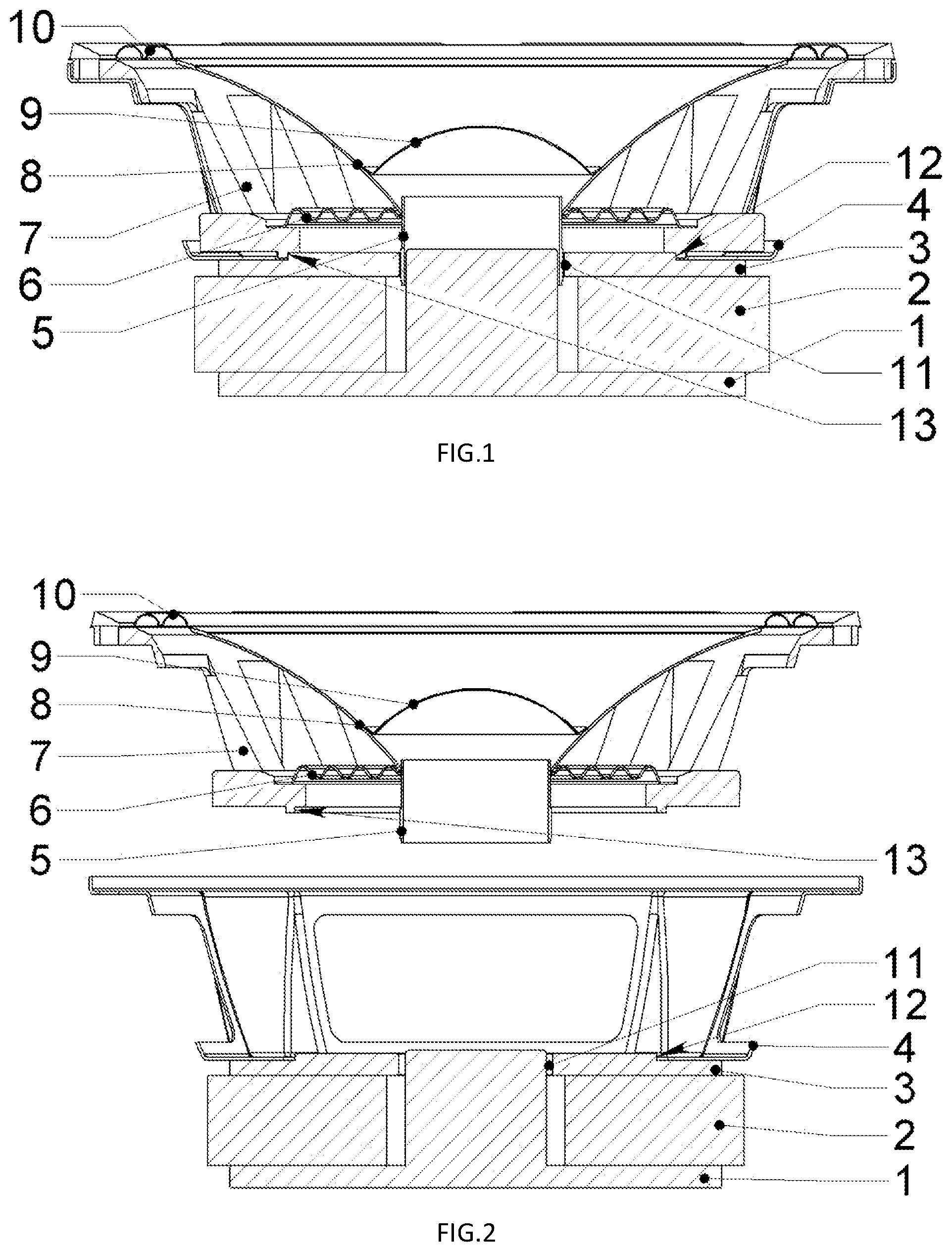 Patent US12323782 Figure 1 – Electrodynamic loudspeaker with easily detachable moving part module