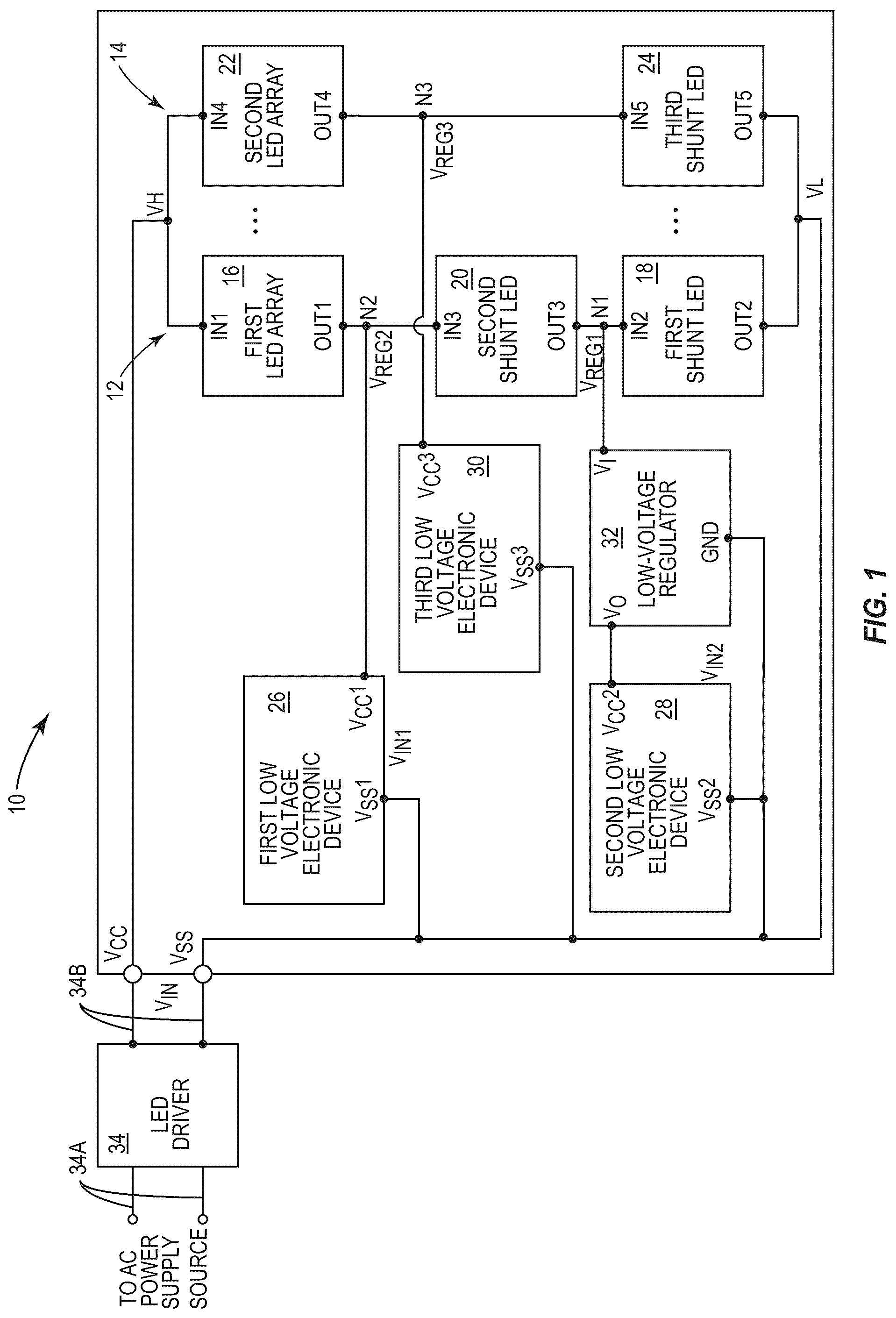 Patent US12324068 Figure 1 – Light-emitting diodes as shunt regulator to power low-voltage circuits