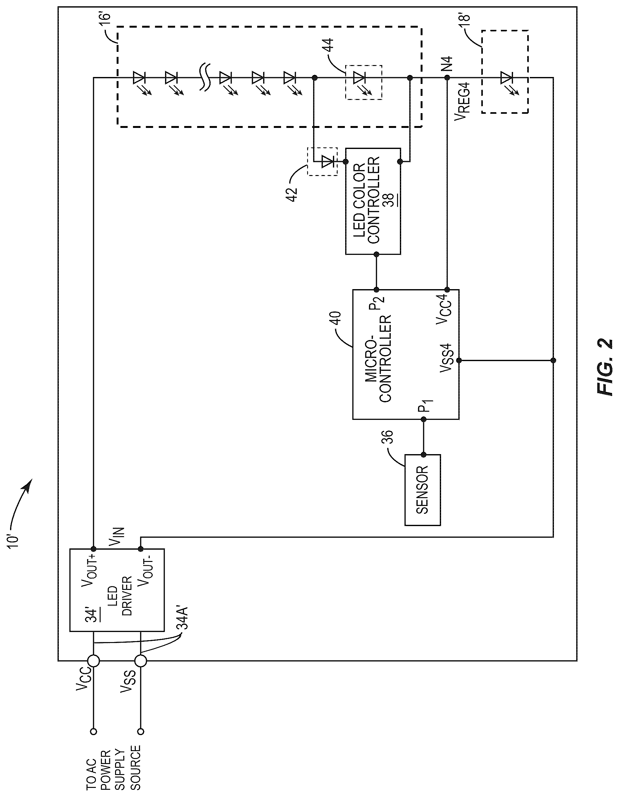 Patent US12324068 Figure 2 – Light-emitting diodes as shunt regulator to power low-voltage circuits