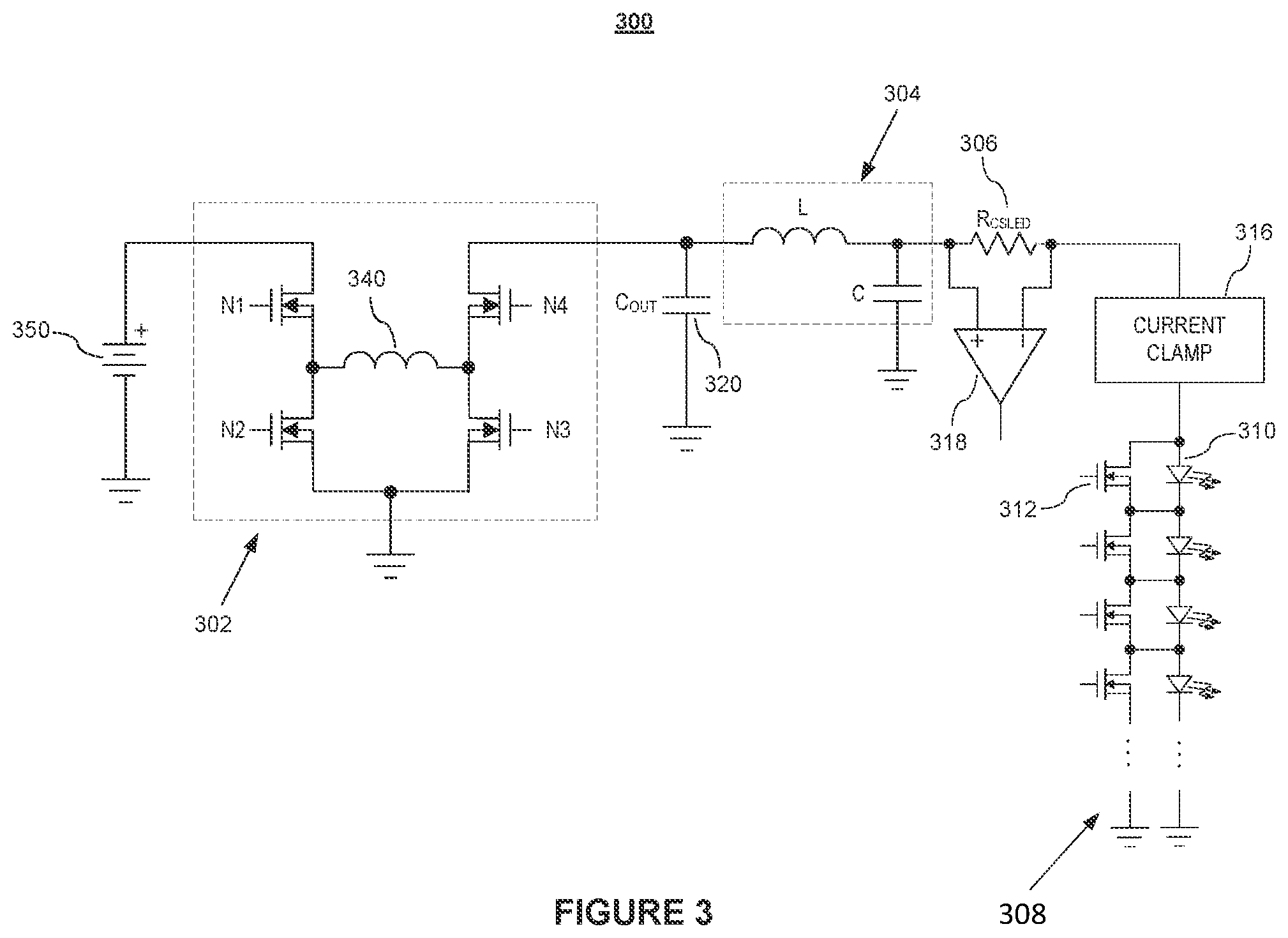 Patent US12324070 Figure 3 – H-bridge buck-boost for adaptive driving beam headlamps