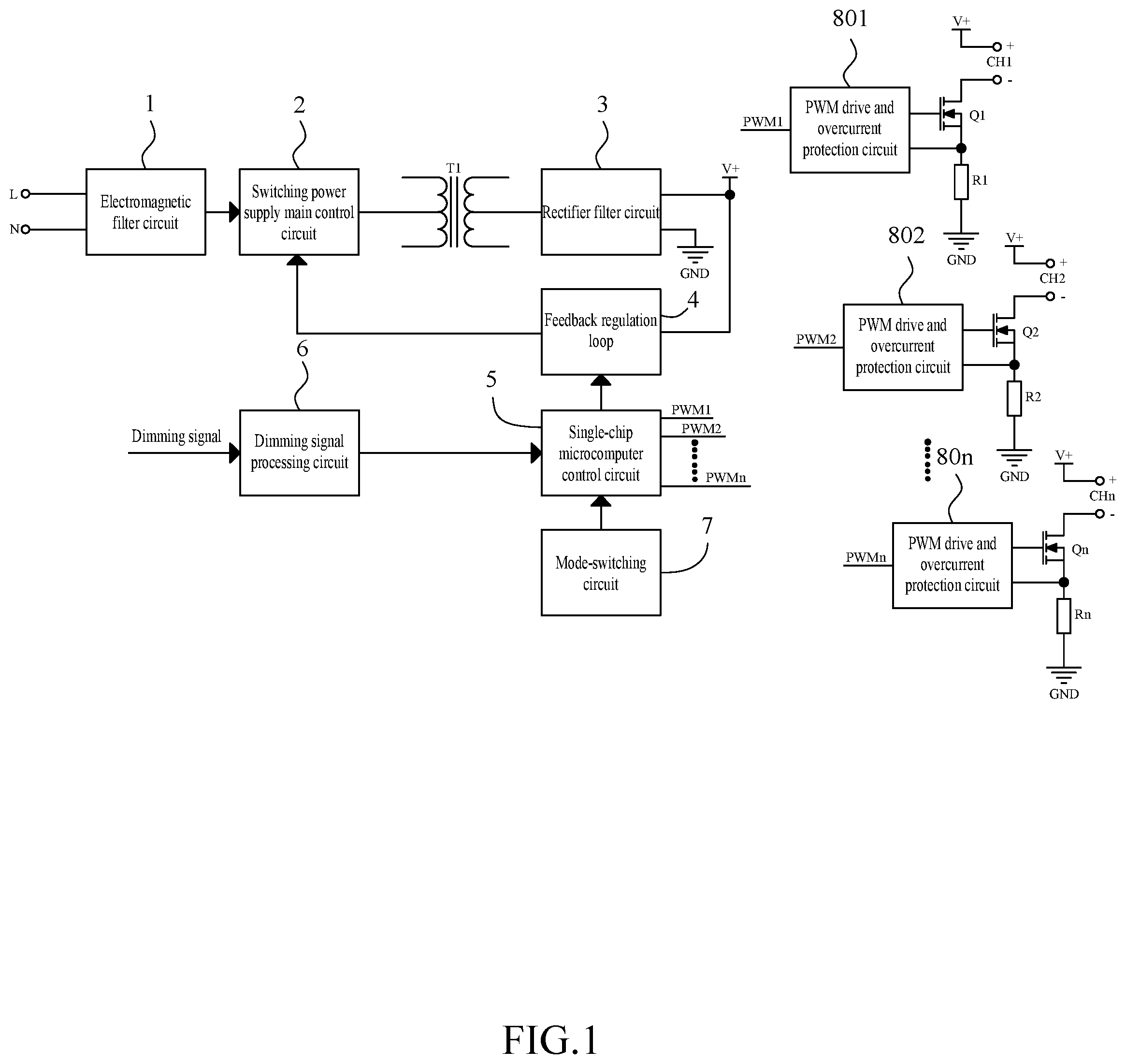 Patent US12324078 Figure 1 – Multi-output dimming power supply with switchable output modes and its use method