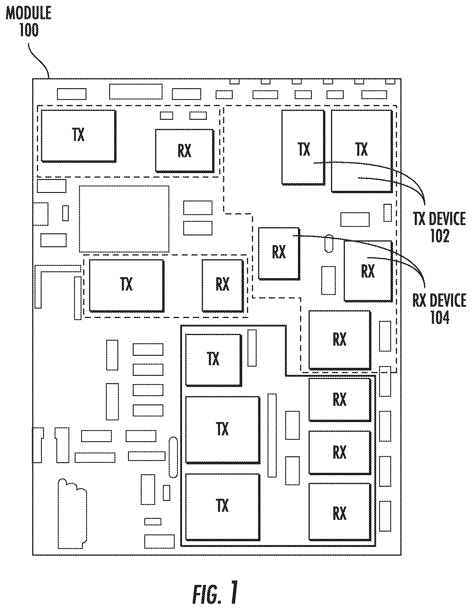 Patent US12324089 Figure 1 – Module conductive shield including discontinuities to reduce device coupling